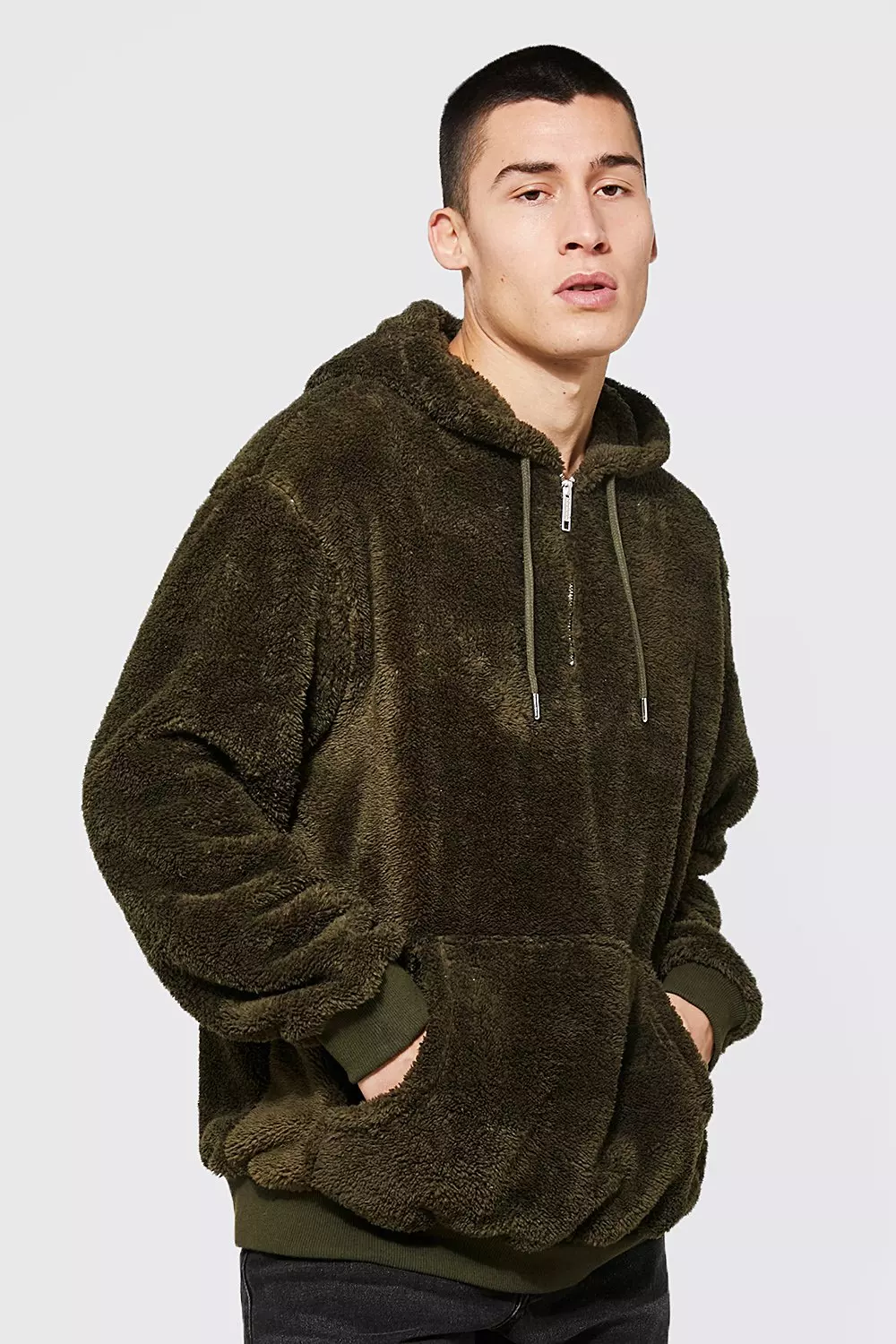 Oversized Half Zip Neck Borg Hoodie