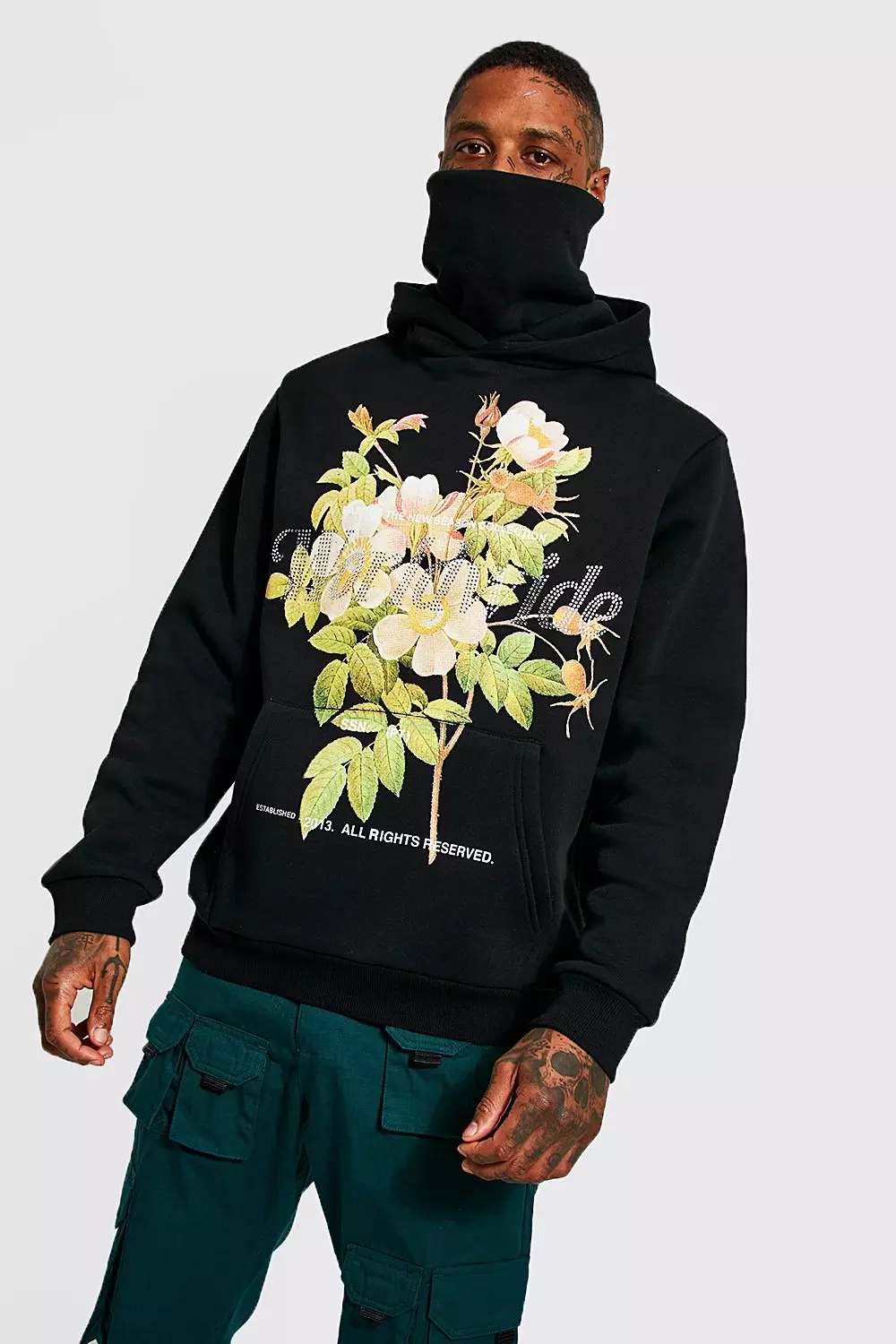 Floral Rhinestone Snood Hoodie boohooMAN USA