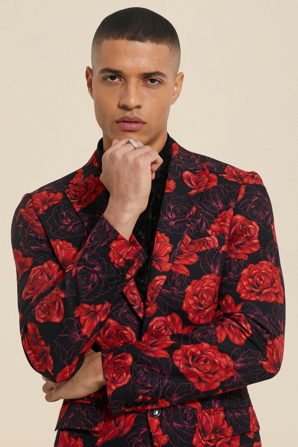 red and black floral suit