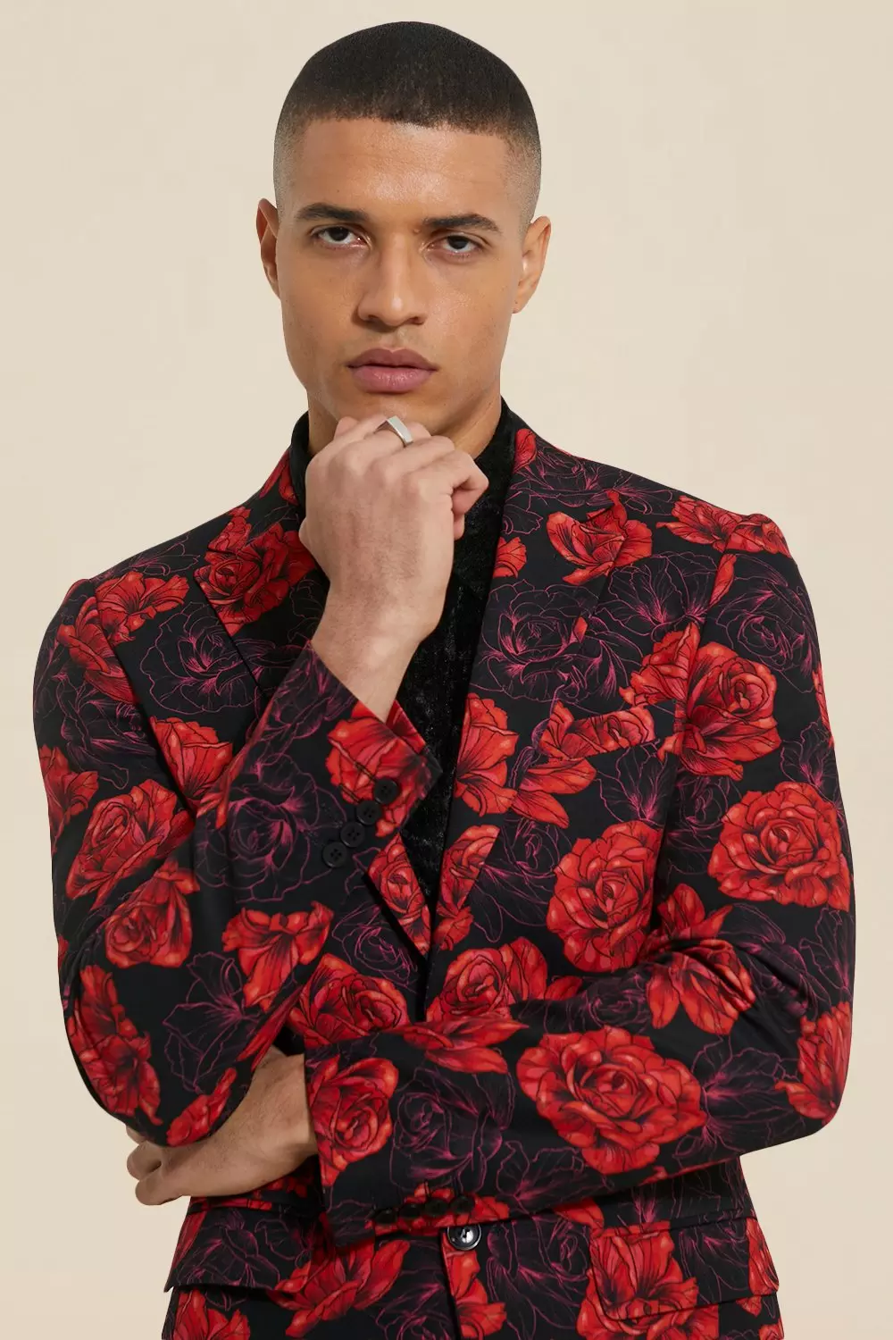 boohooMAN Relaxed Fit Spliced Floral Print Suit Jacket - Black - Size 38