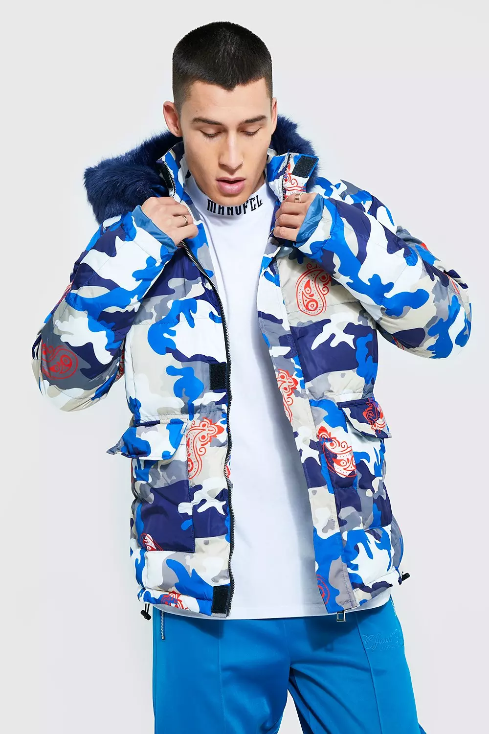 Camo jacket with store blue fur hood