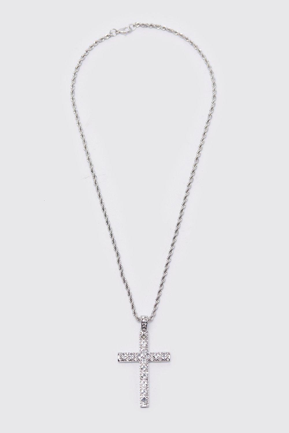 Mens Grey Iced Crystal Cross Necklace with Gift Bag, Grey