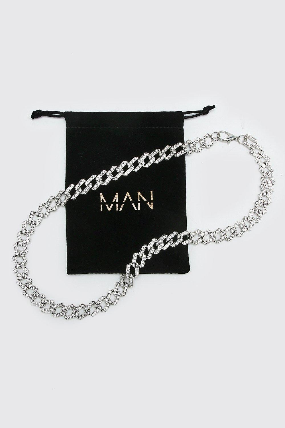 Mens Grey Iced Cuban Chain Necklace with Gift Bag, Grey