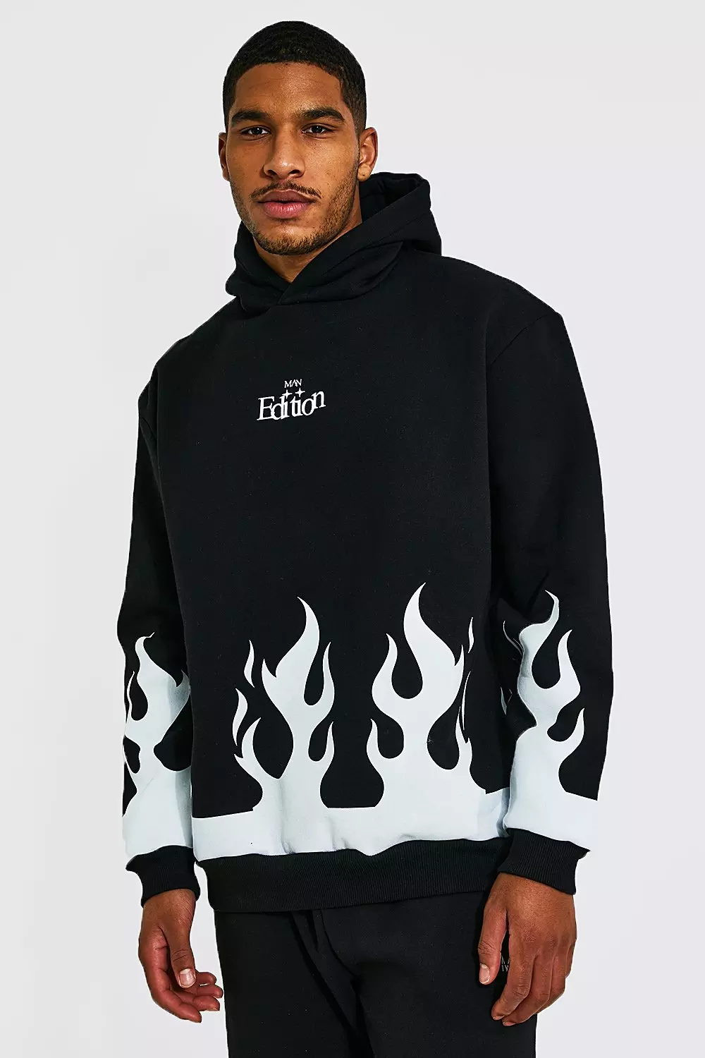 Tall Oversized Limited Flame Hem Print Hoodie boohooMAN USA