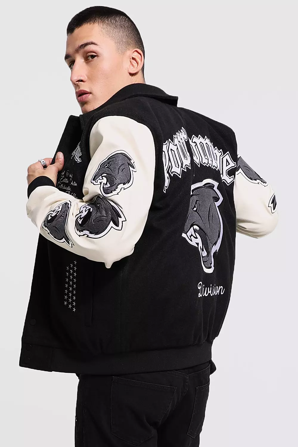 Back Wolf Detail Varsity Jacket