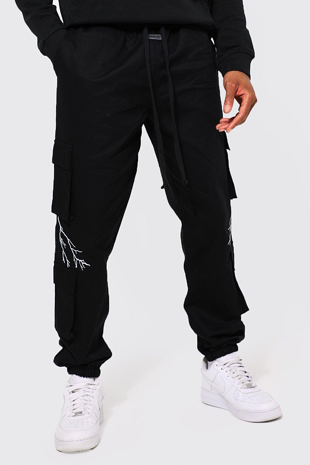 pantalon cargo regular à imprimé éclairs homme - noir - xl, noir