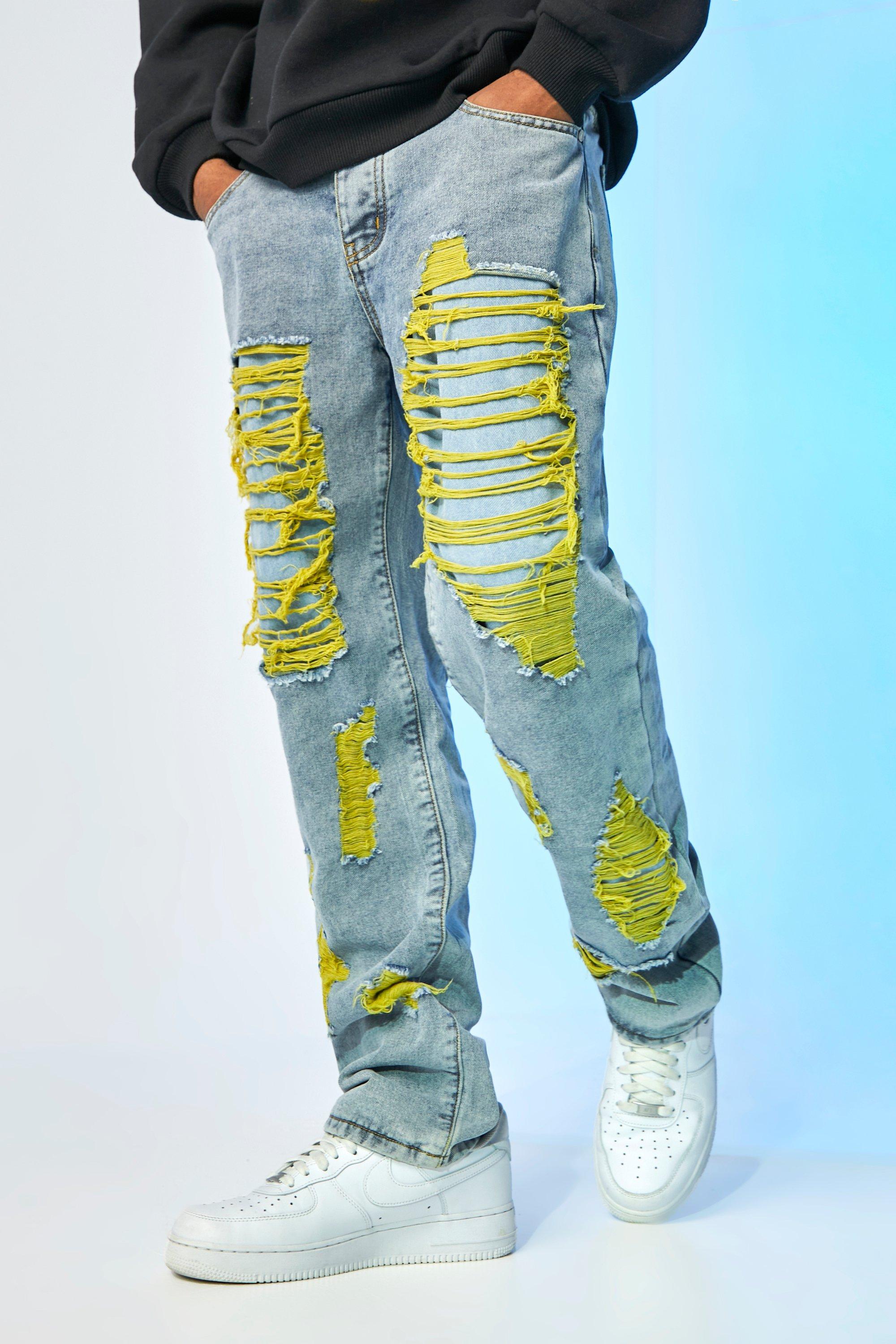 blue and yellow ripped jeans