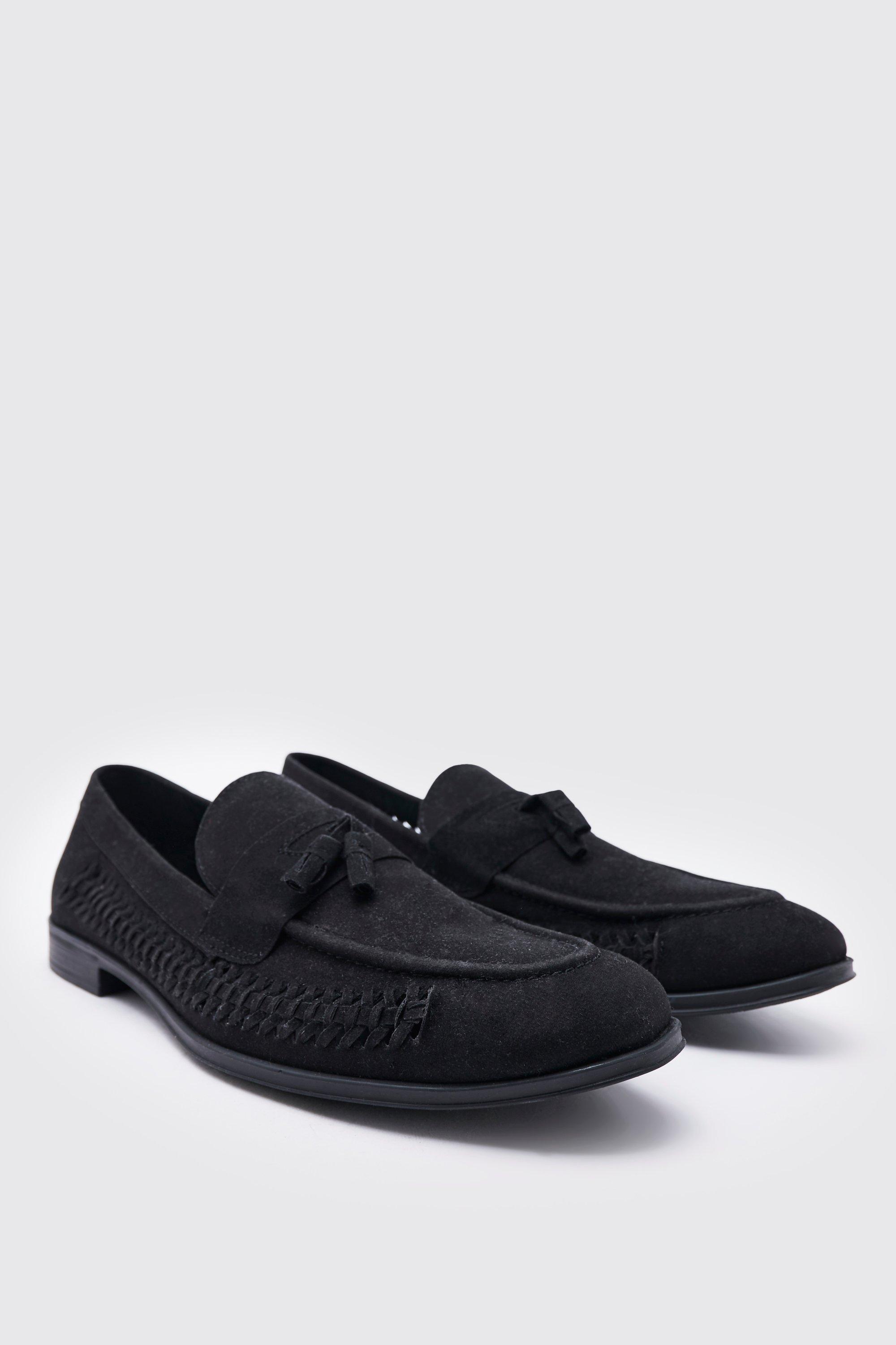 Mens Black Faux Suede Weave Loafer, Black