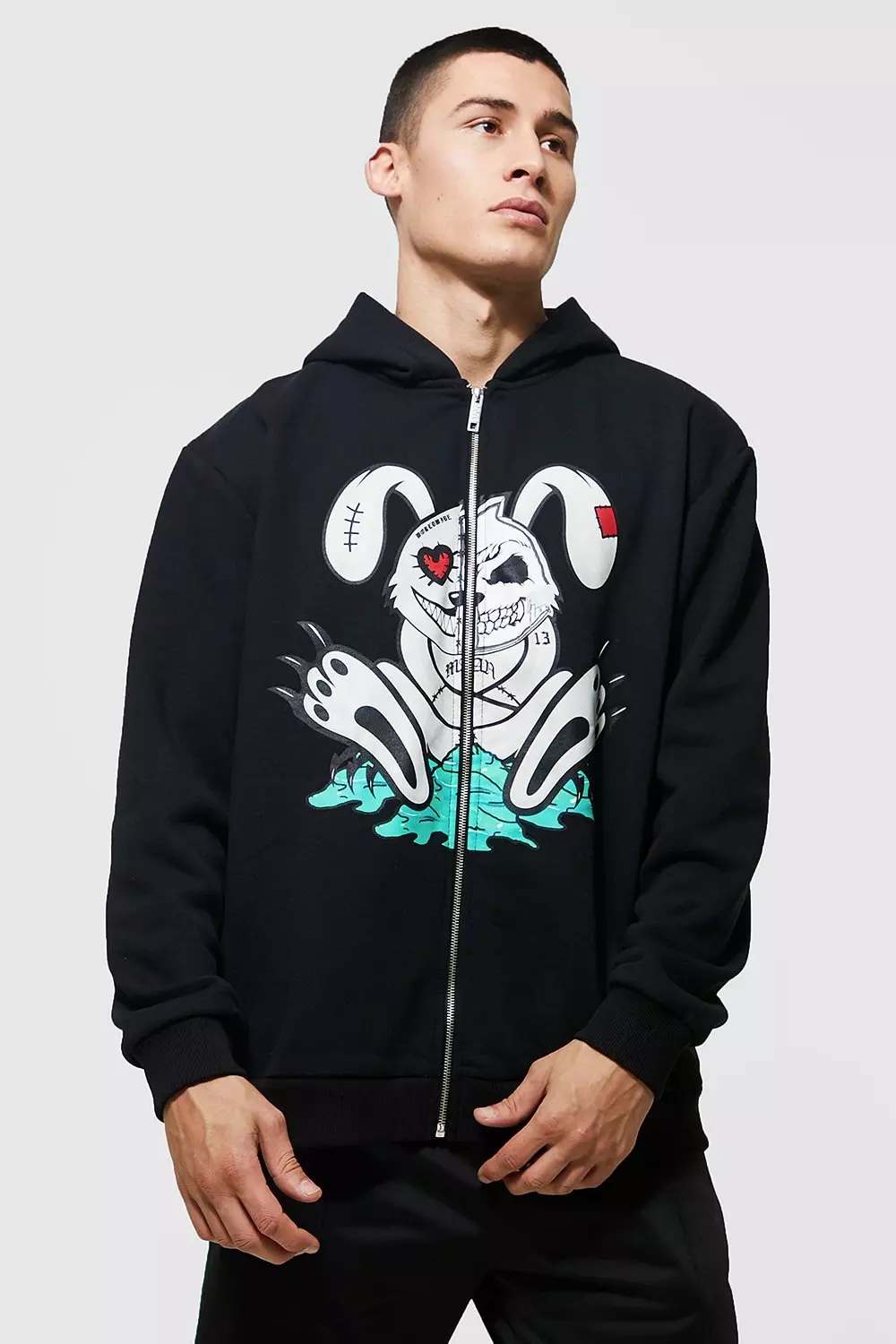 Oversized Evil Bunny Zip Through Hoodie, 54% OFF