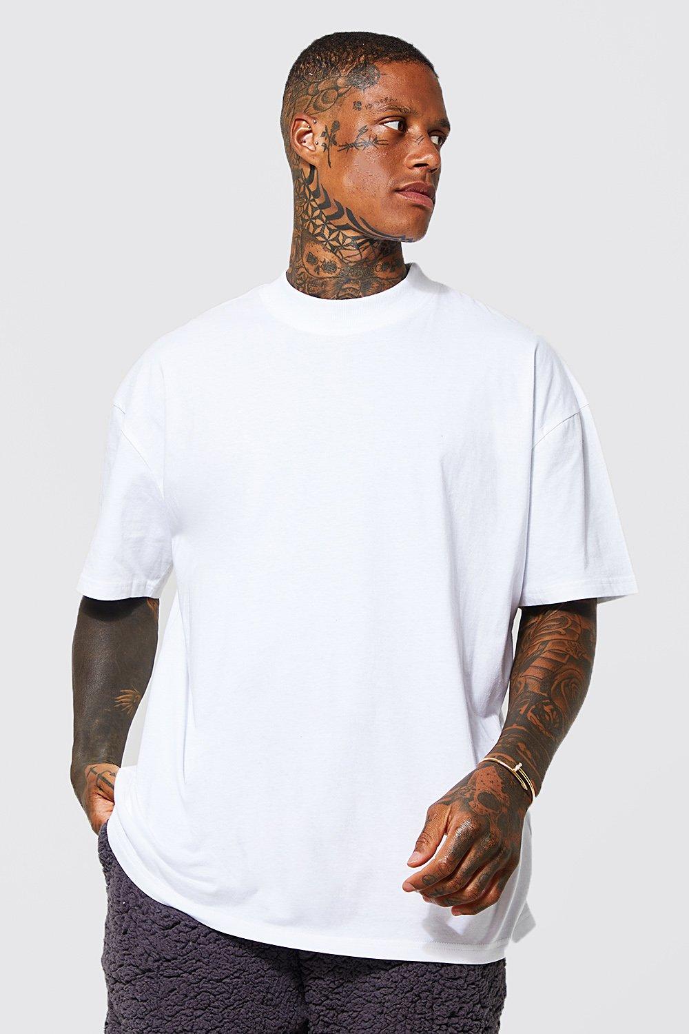 mens white oversized extended neck t-shirt, white