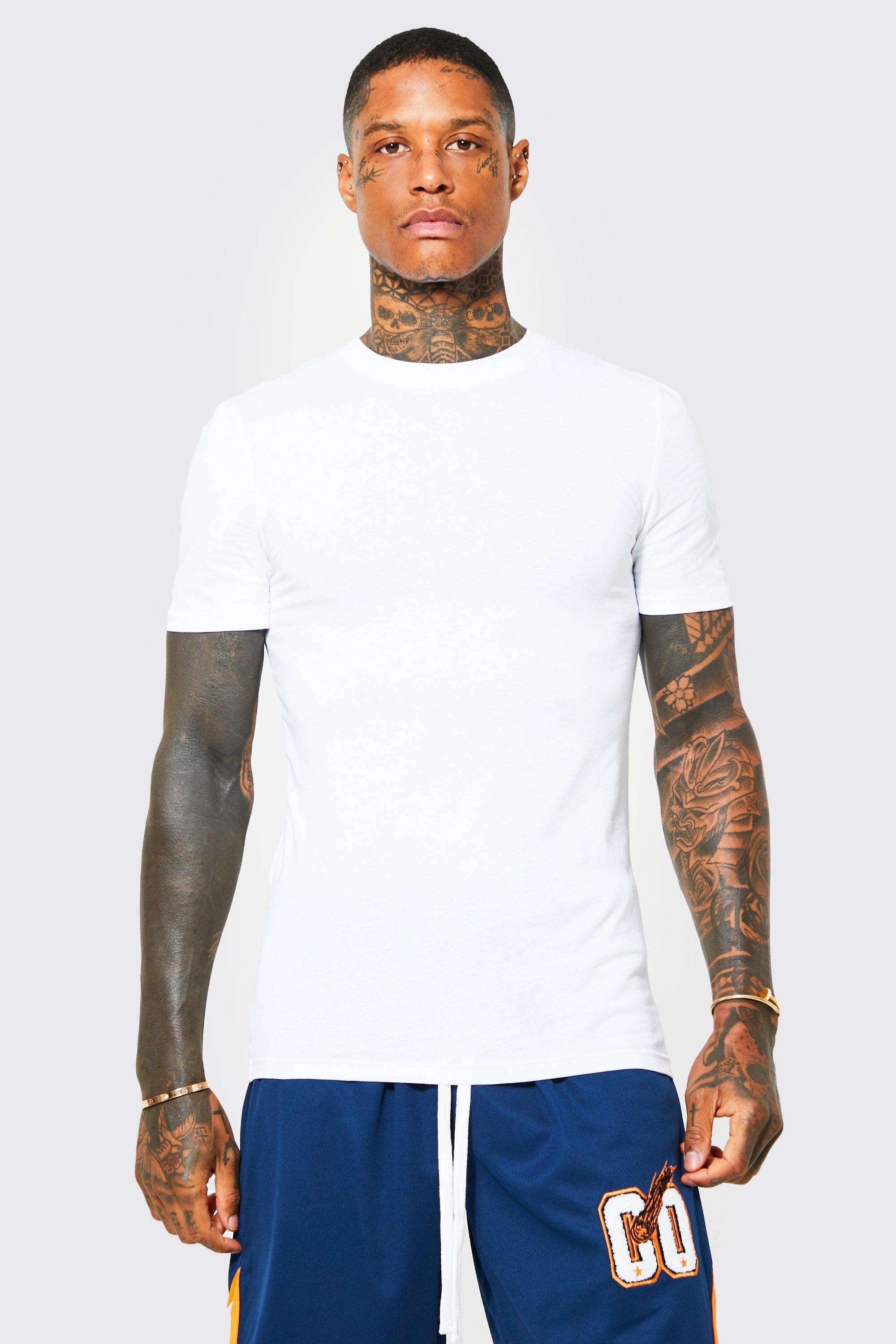 Mens White Basic Muscle Fit Crew Neck T-Shirt, White