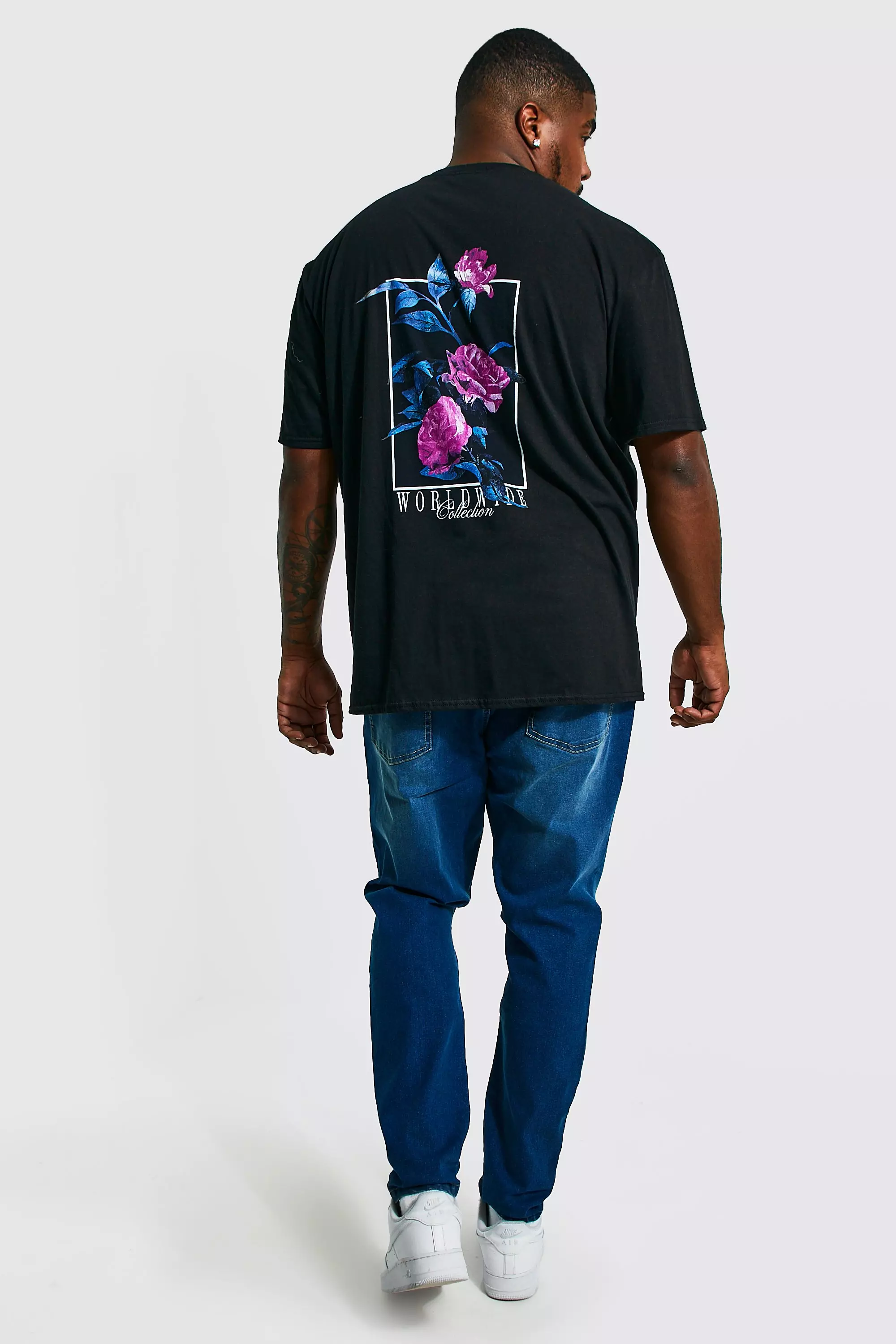 boohooMAN Plus Size Oversized Rose Back Graphic T-Shirt