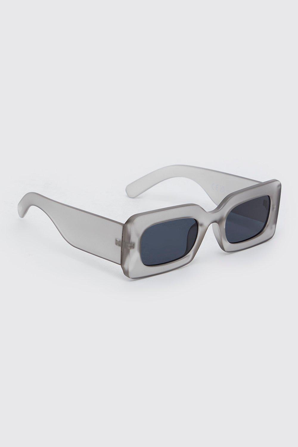 Mens Grey Plastic Chunky Rectangle Sunglasses, Grey