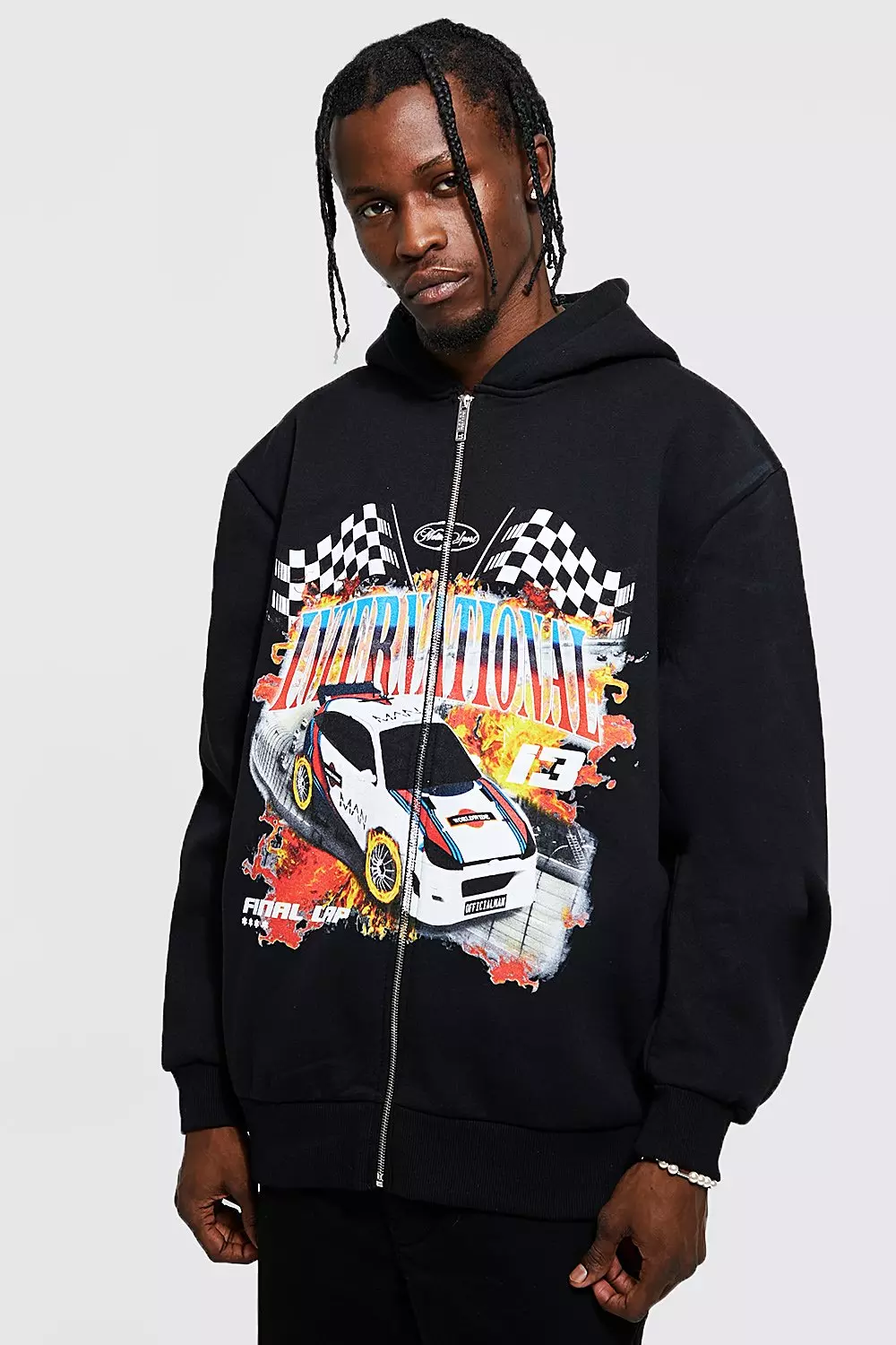 Oversized Car Graphic Zip Through Hoodie