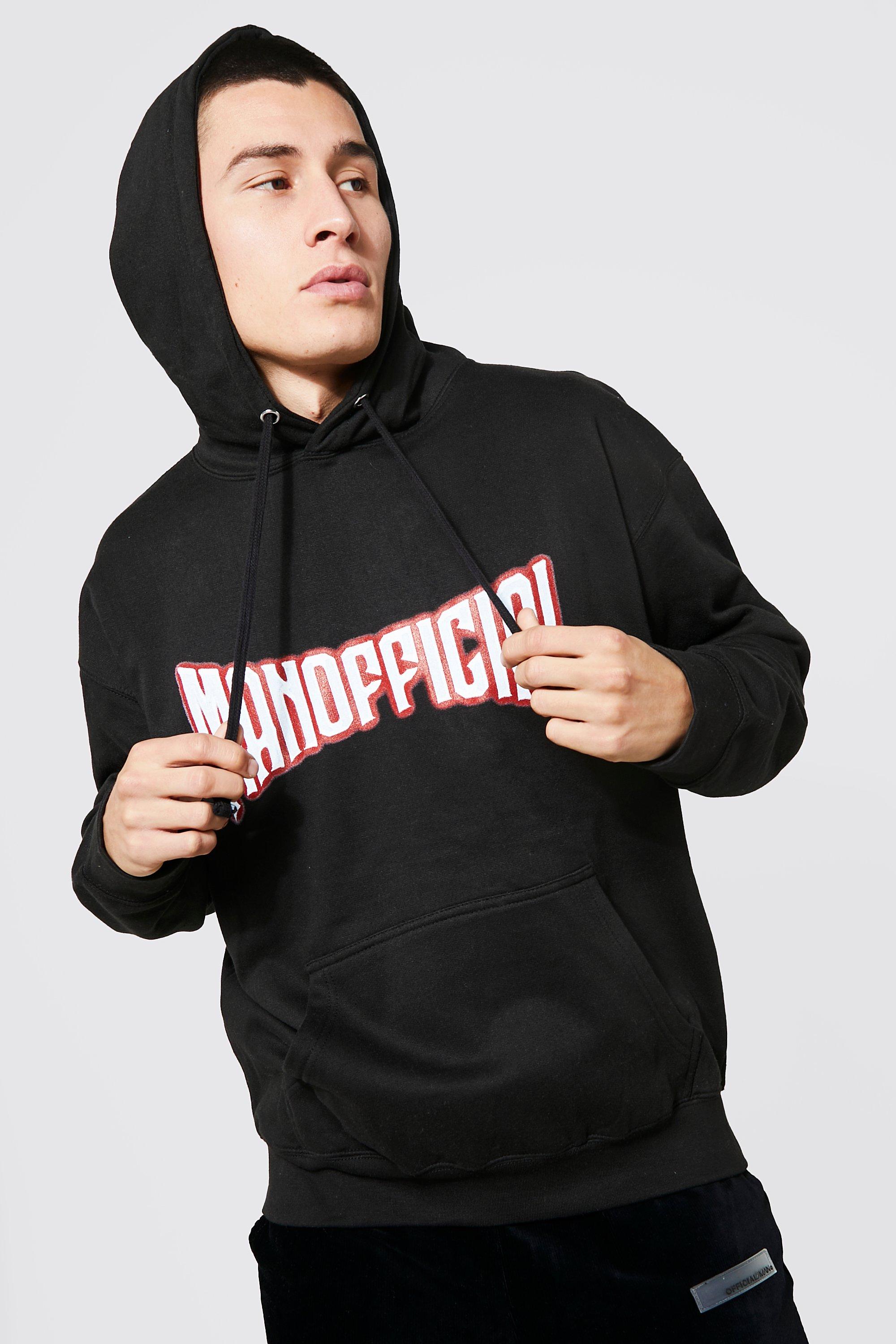 Mens Black Oversized Man Official Print Hoodie, Black