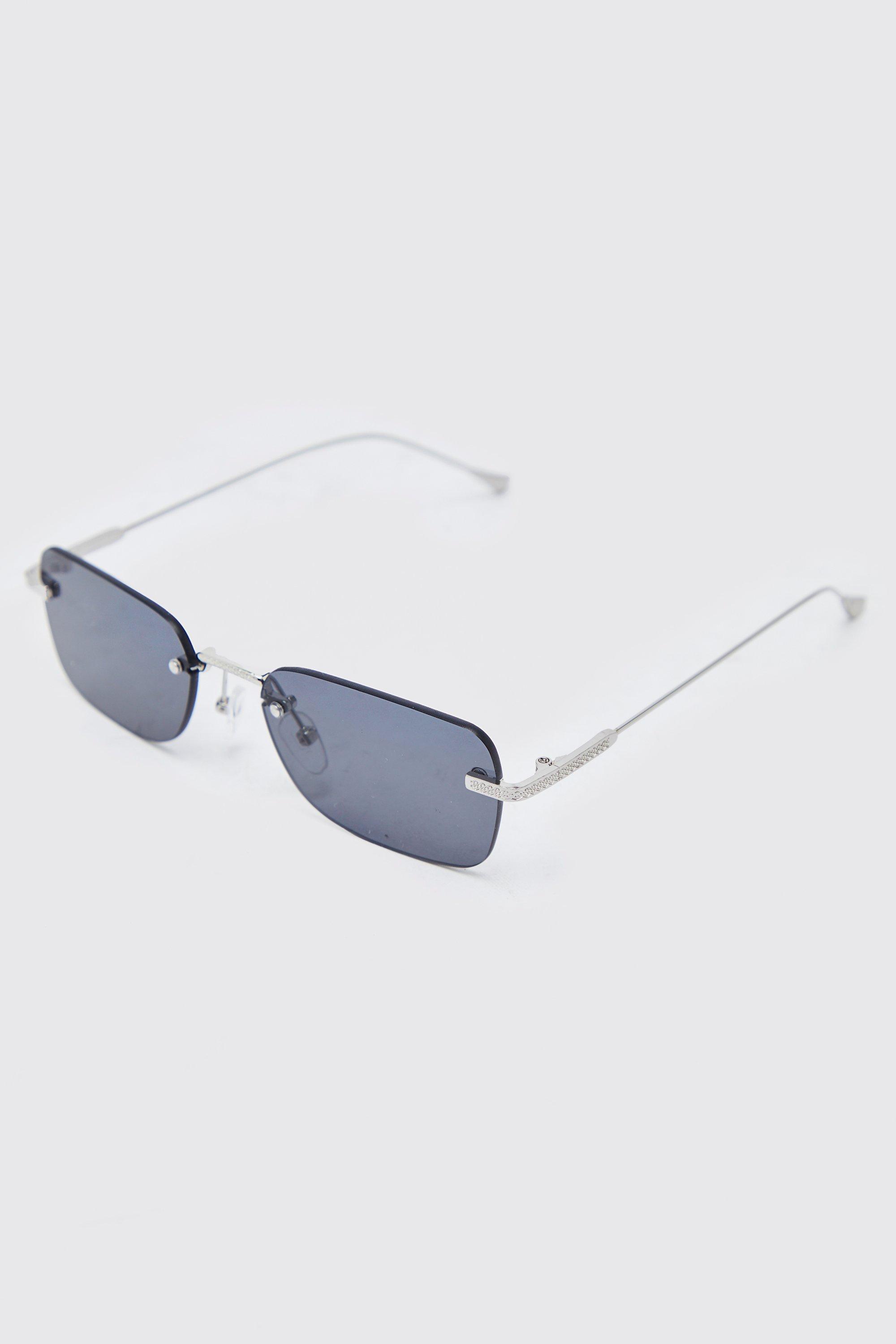 Mens Grey Rectangular Frameless Sunglasses, Grey