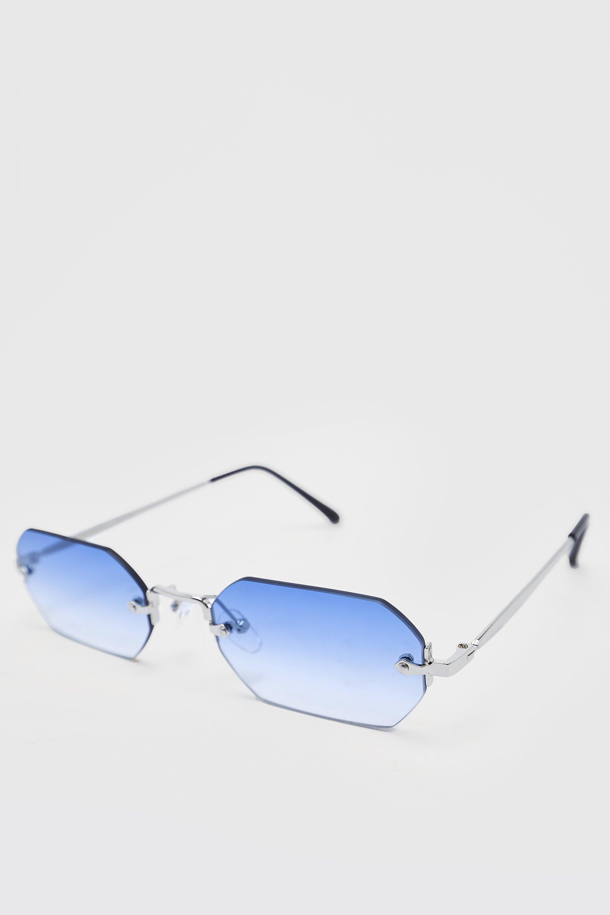 Mens Blue Hexagon Frameless Sunglasses, Blue