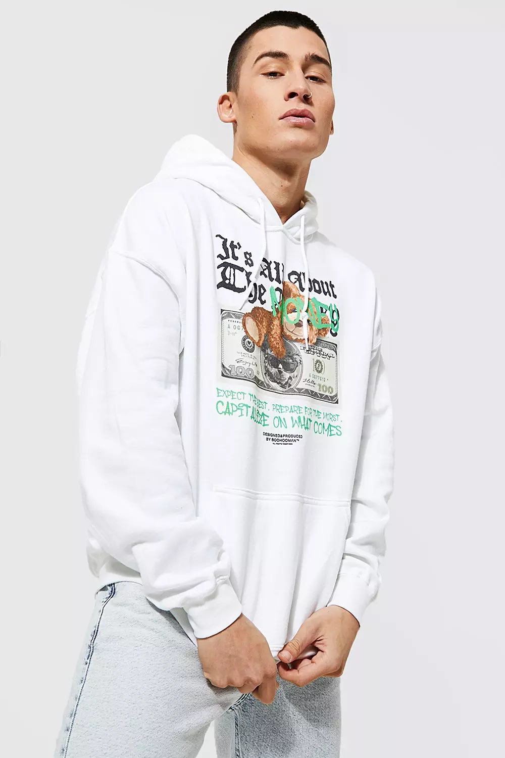 Boohooman hoodie with man print sale in white