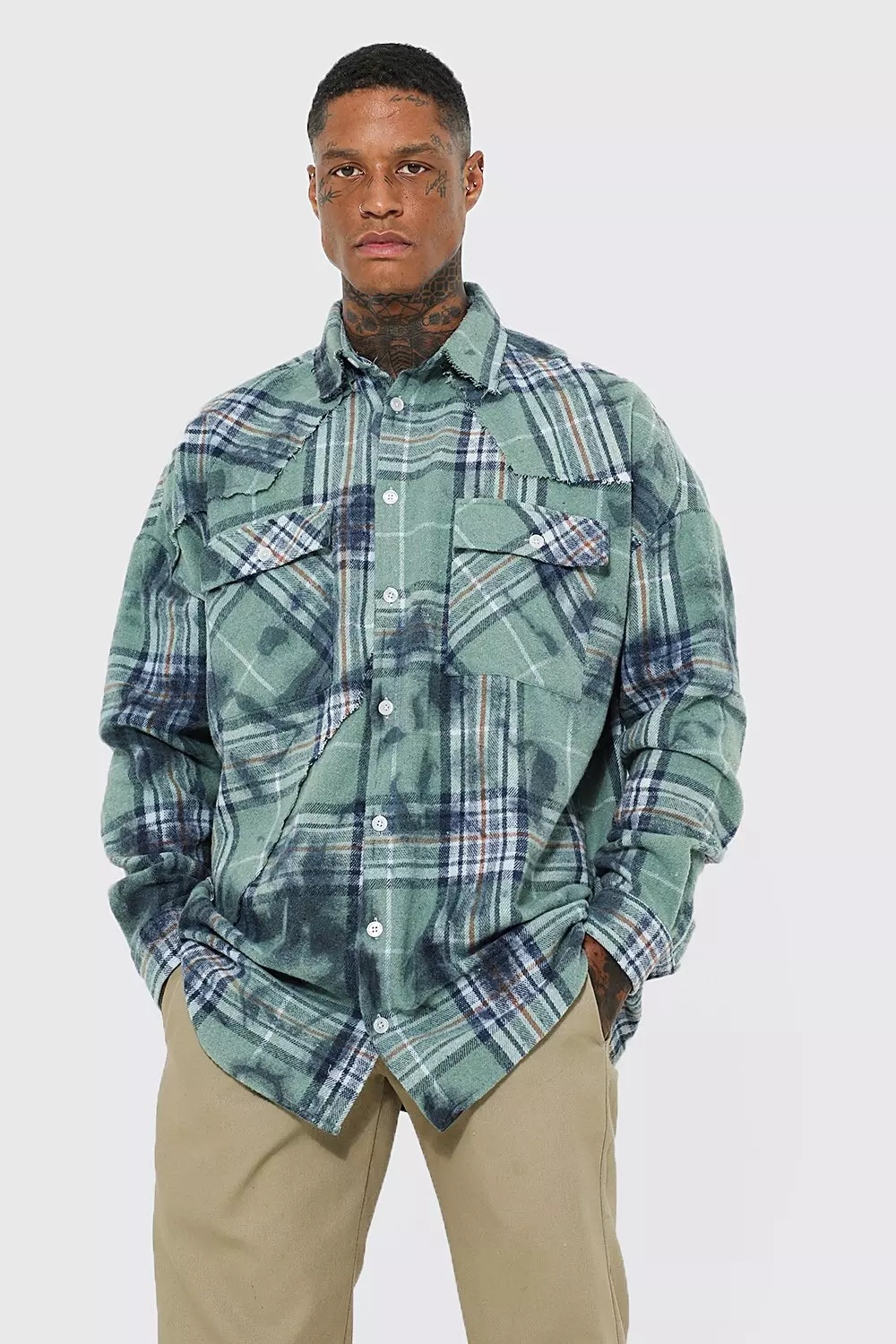 Oversized Heavy Weight Distressed Spliced Flannel Shirt Jacket