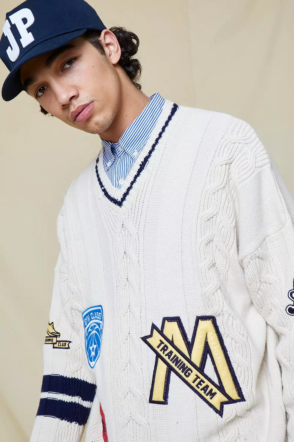 Oversized Varsity Badge Cable Knit Sweater | boohooMAN USA