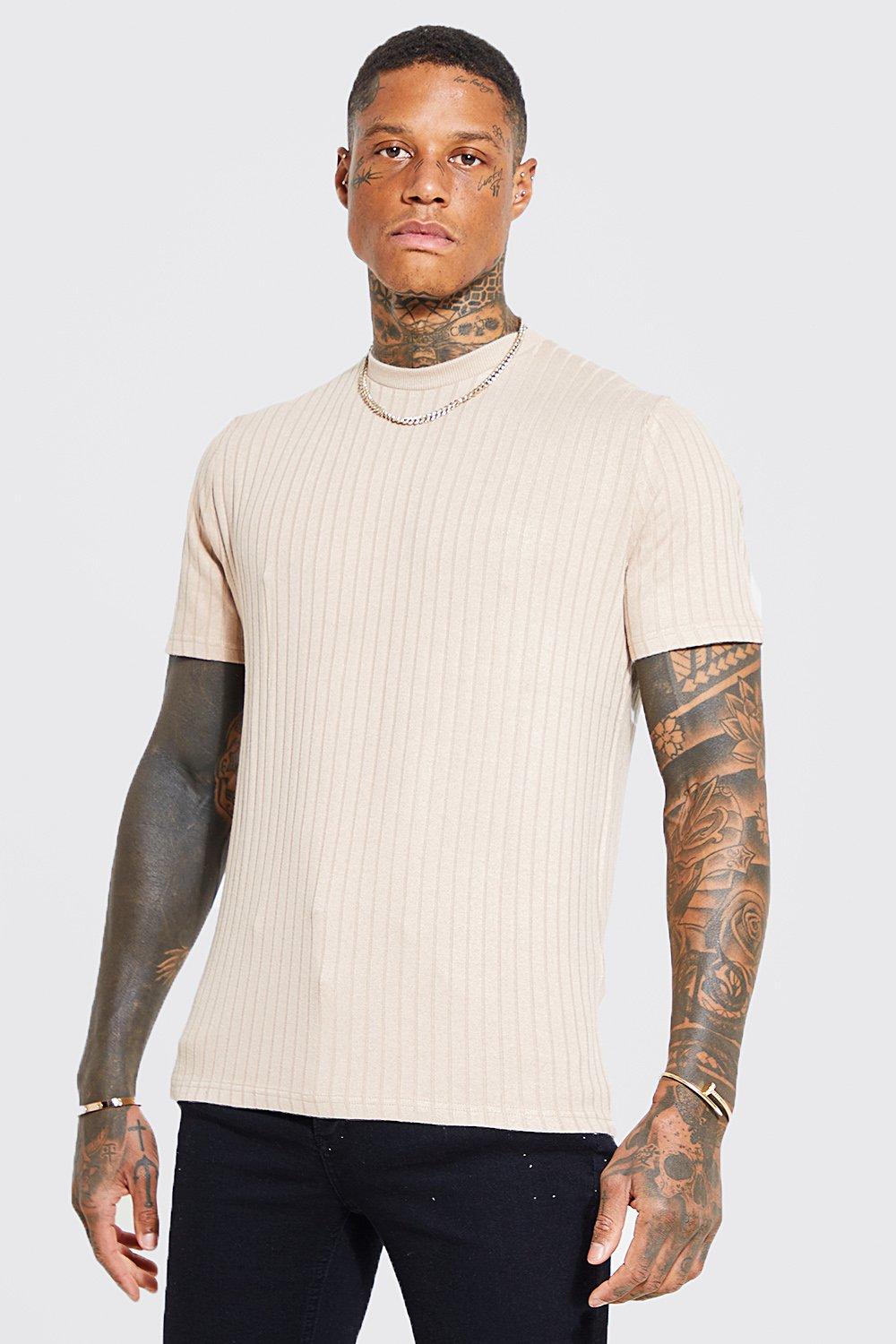 Mens Beige Ribbed Knitted T-shirt, Beige