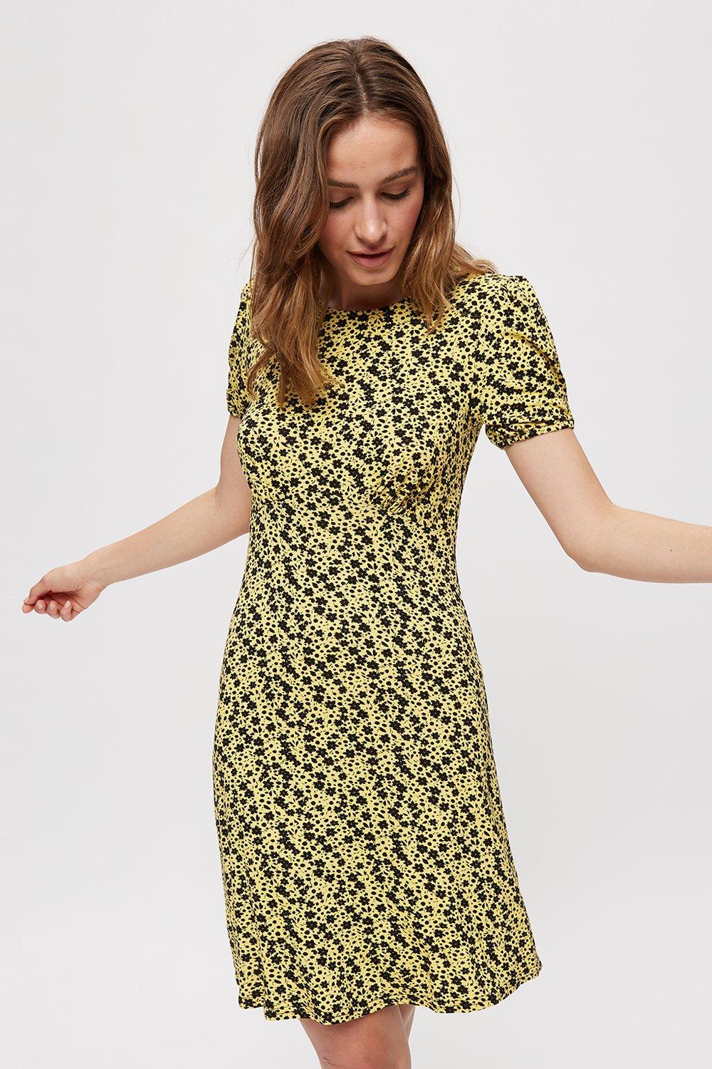 Womens Yellow Ditsy Floral Empire Fit And Flare Dress