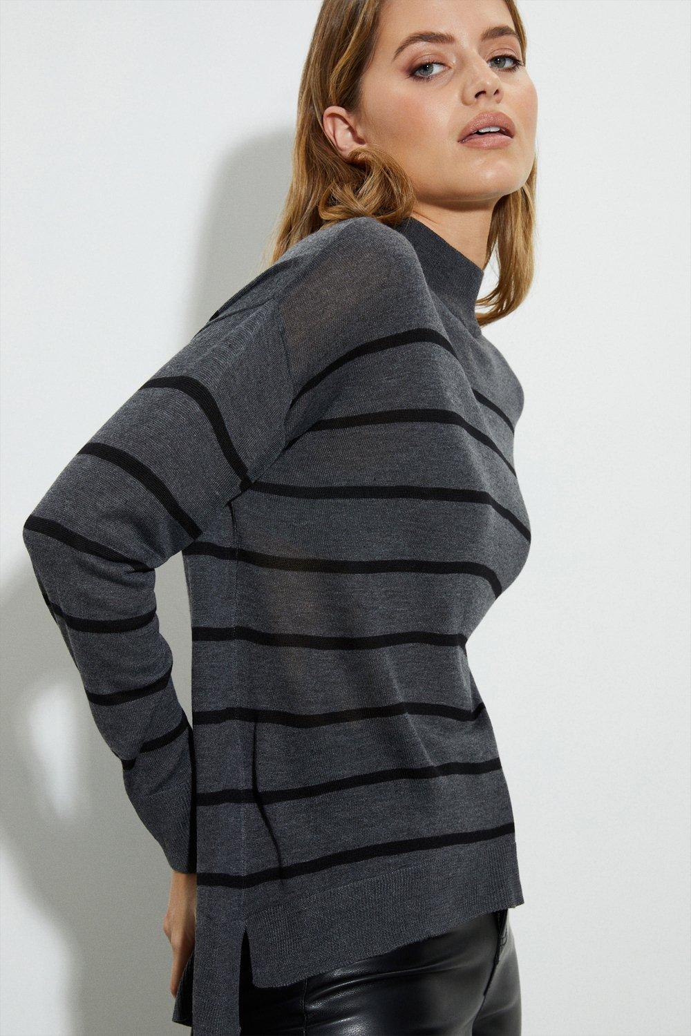 Womens Striped High Neck Fine Knitted Jumper