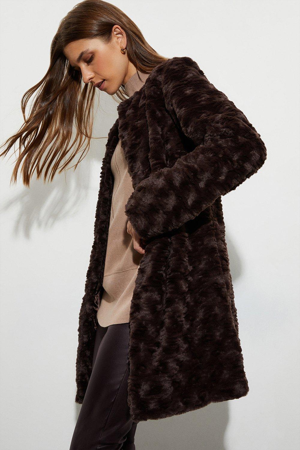 Womens Collarless Textured Faux Fur Coat