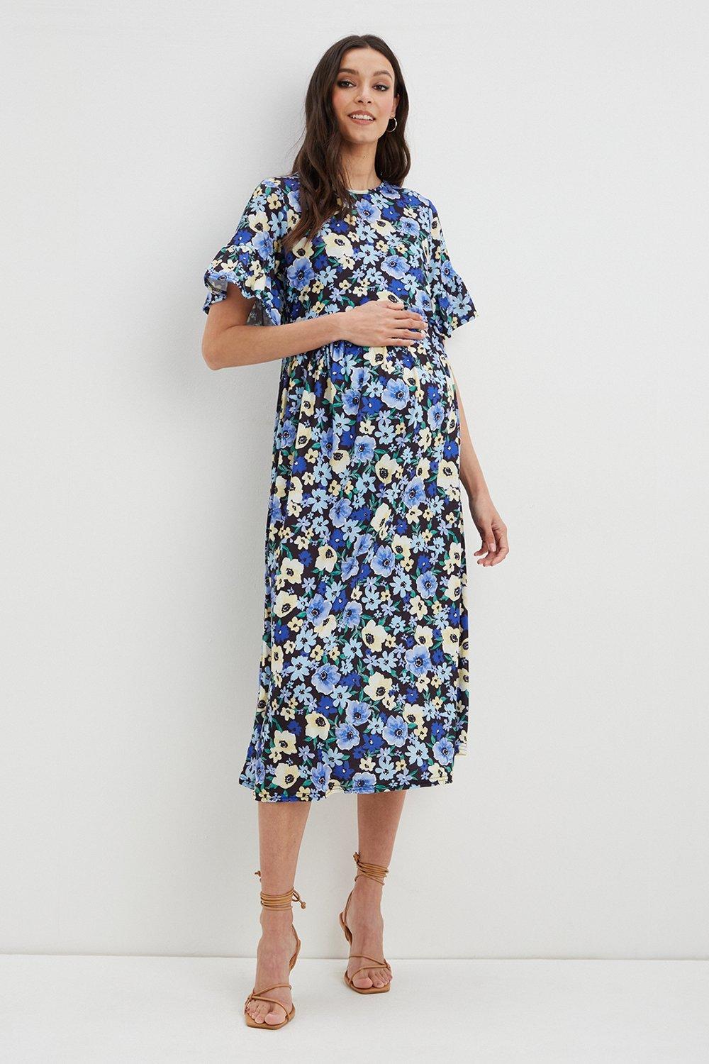 (!) Maternity And Nursing Yellow Large Floral Smock Dress