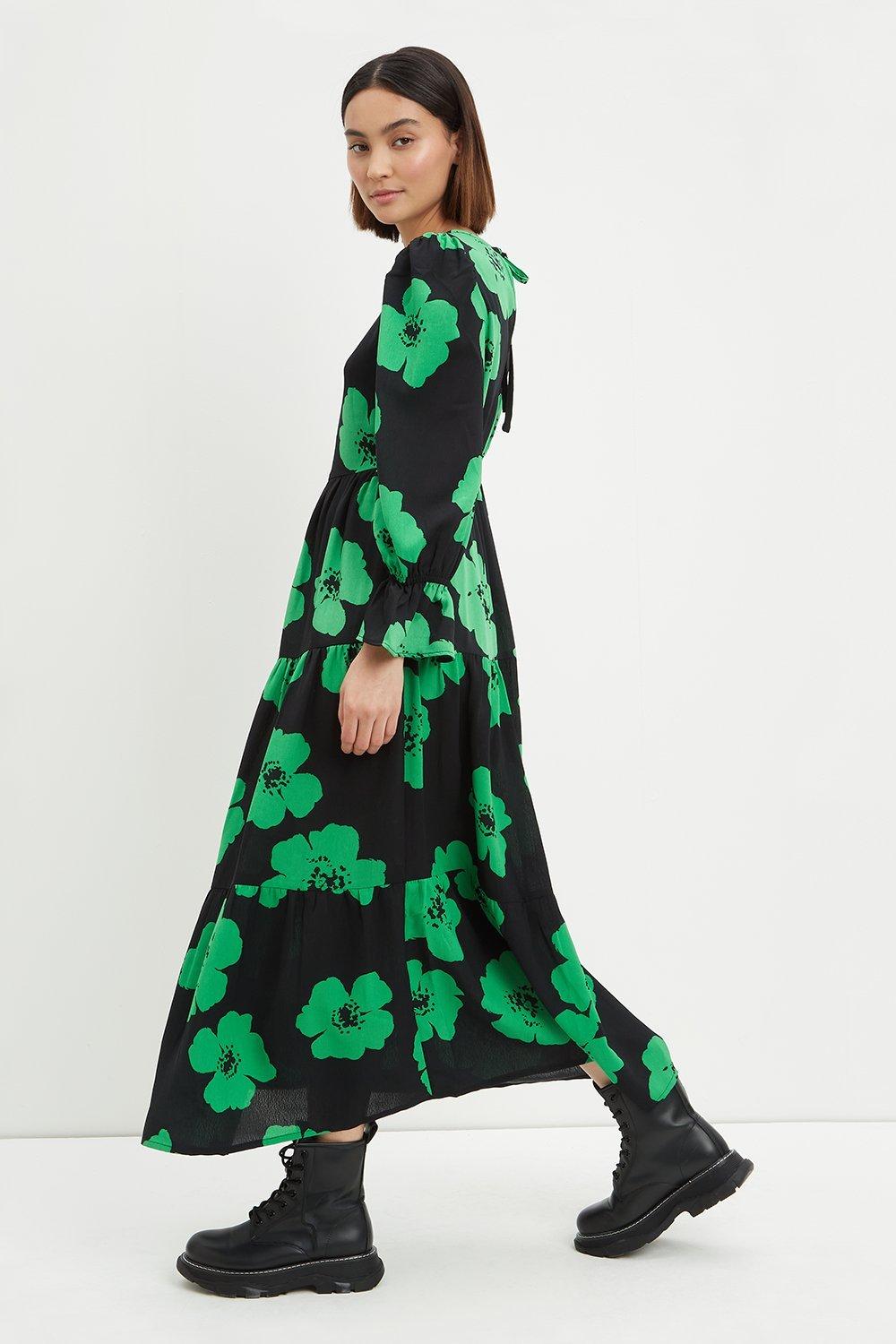 Womens Petite Green Floral Tie Back Midi Dress