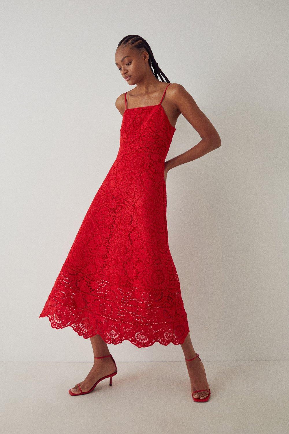 Womens Lace Strappy Maxi Dress - red