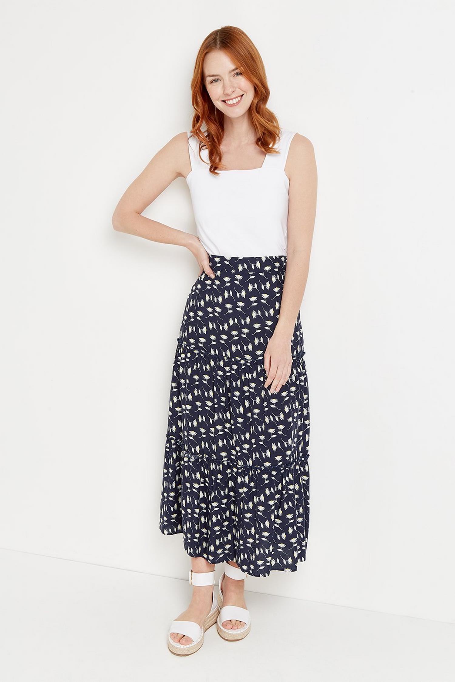 Navy Daisy Tiered Midi Skirt | Wallis UK