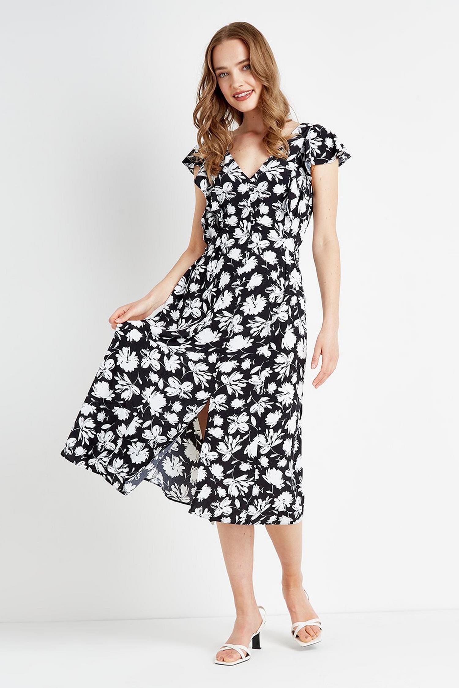 Mono Floral Frill Sleeve Dress | Wallis UK