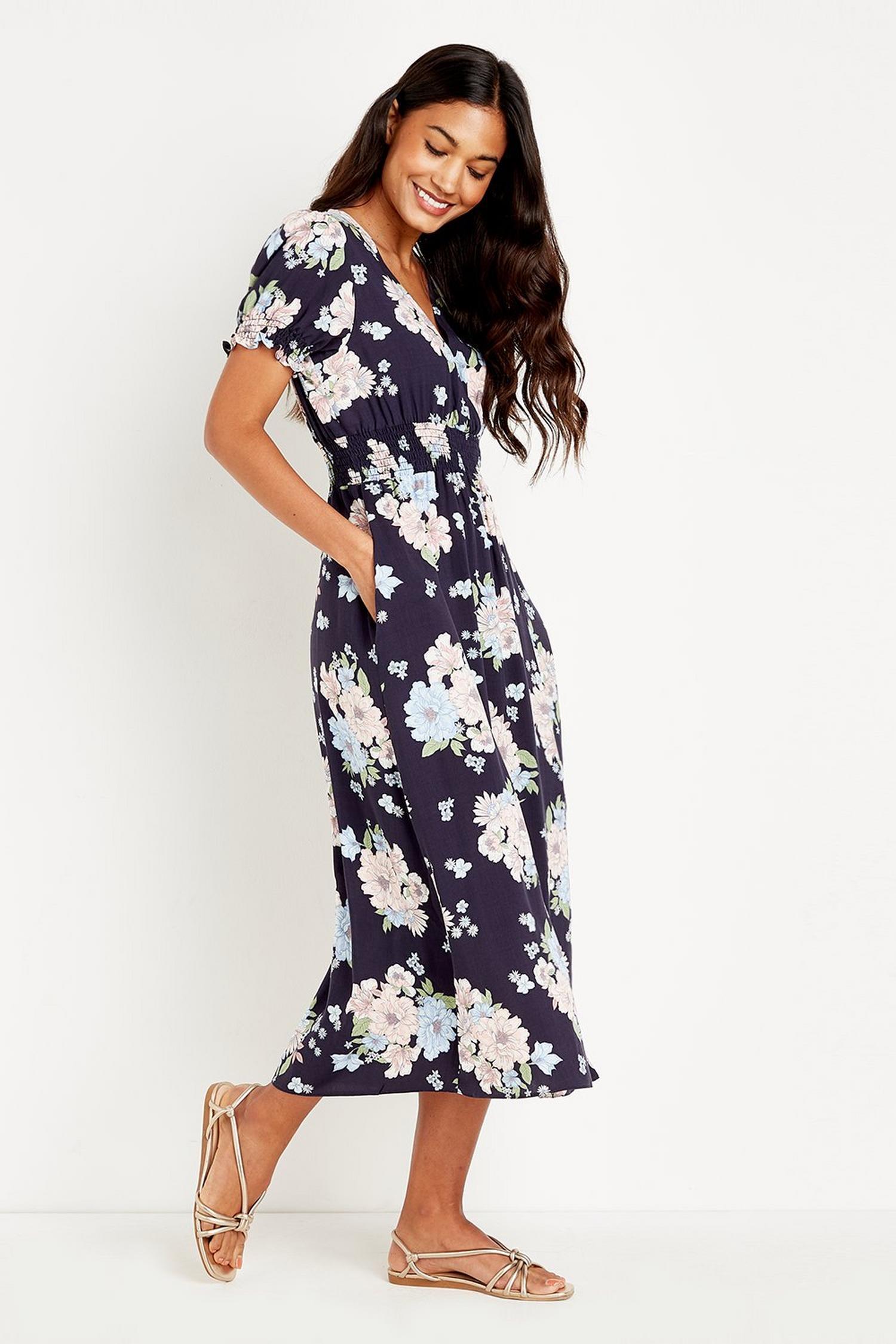 Black Floral Shirred Waist Midi Dress | Wallis UK