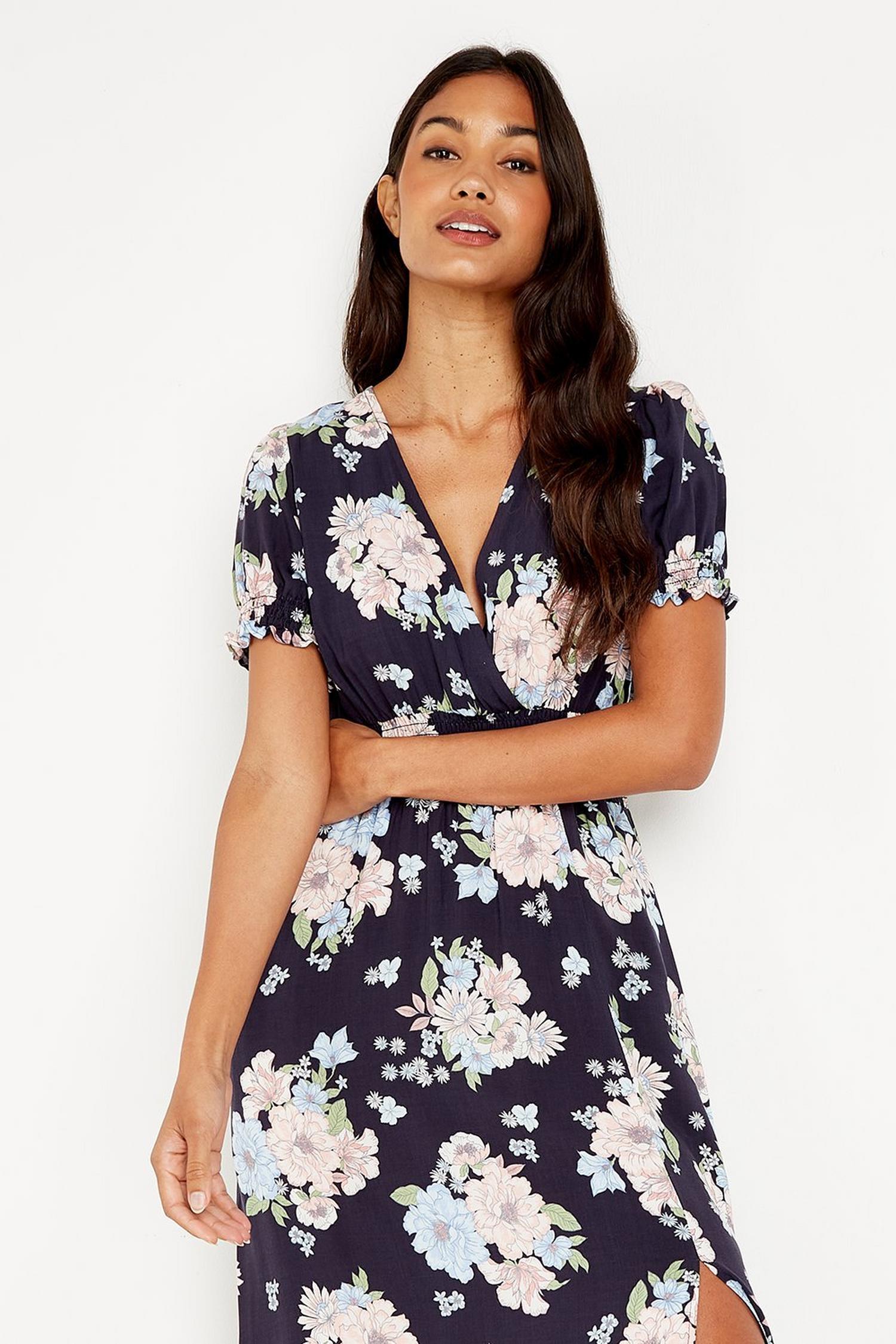 Black Floral Shirred Waist Midi Dress | Wallis UK