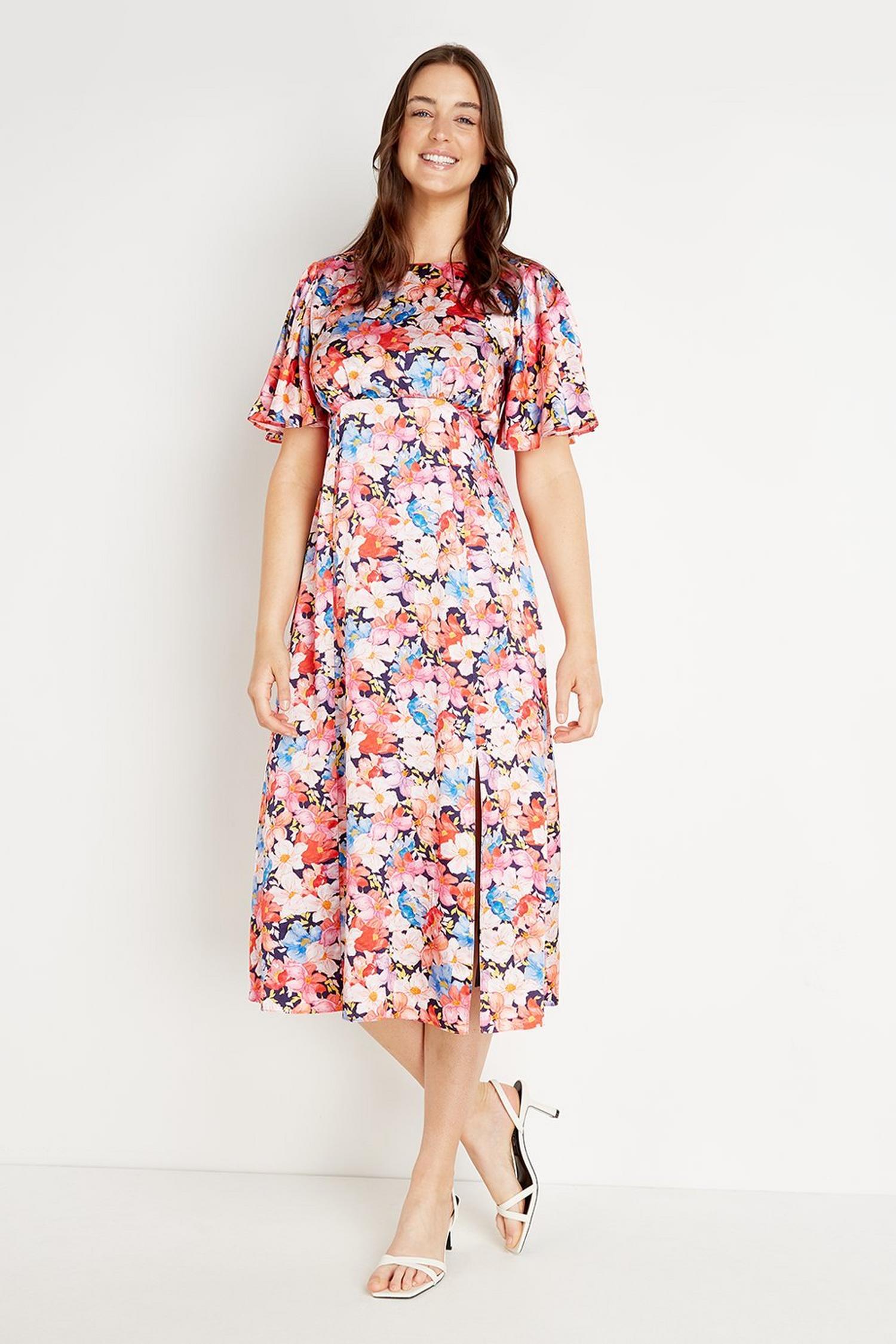 Floral Angel Sleeve Midi Dress 