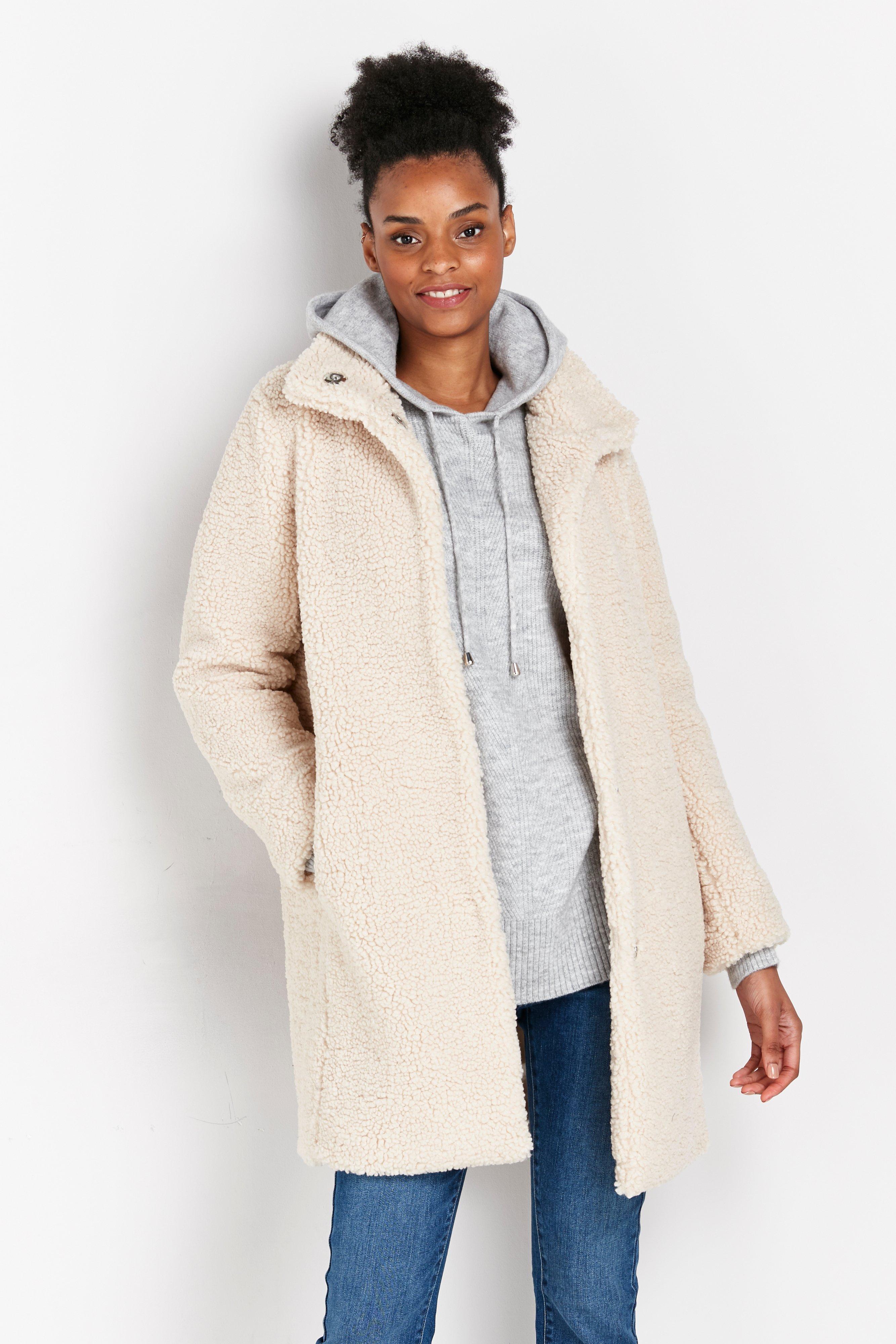 beige longline teddy coat