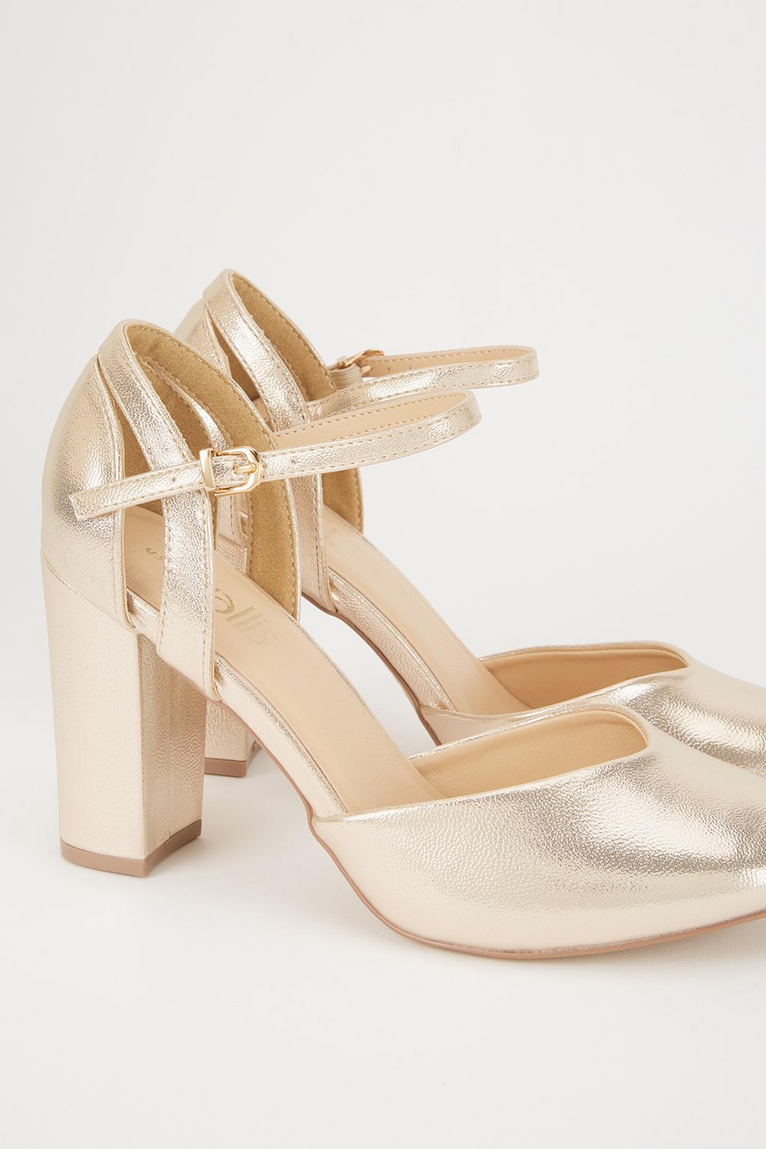 gold square toe block heels