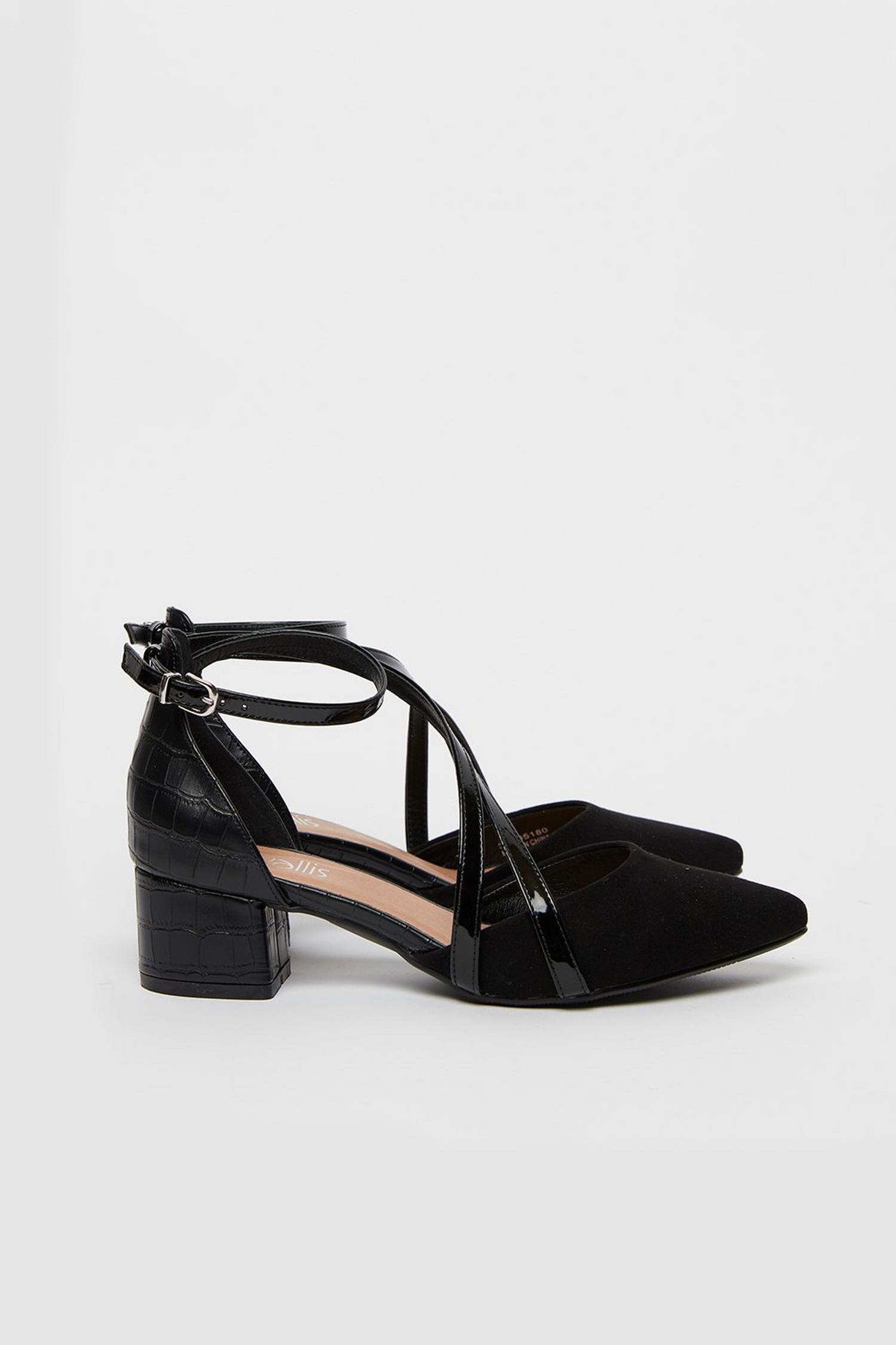 wide fit black suedette cross strap block heels