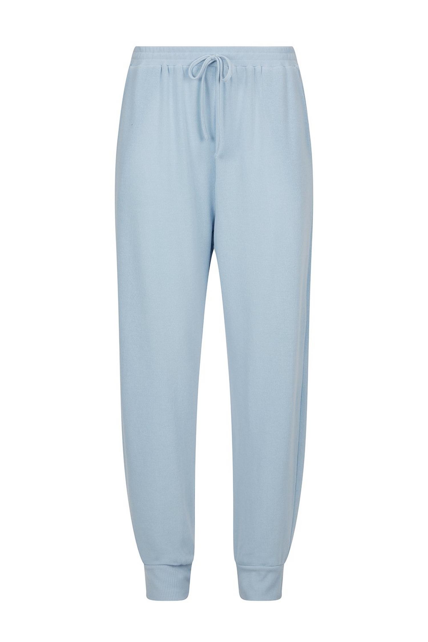 blue joggers with white stripe