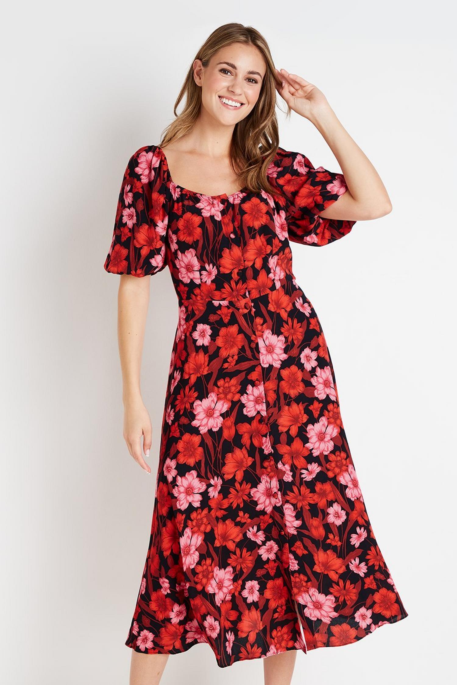 Black and Red Floral Square Neck Dress | Wallis UK