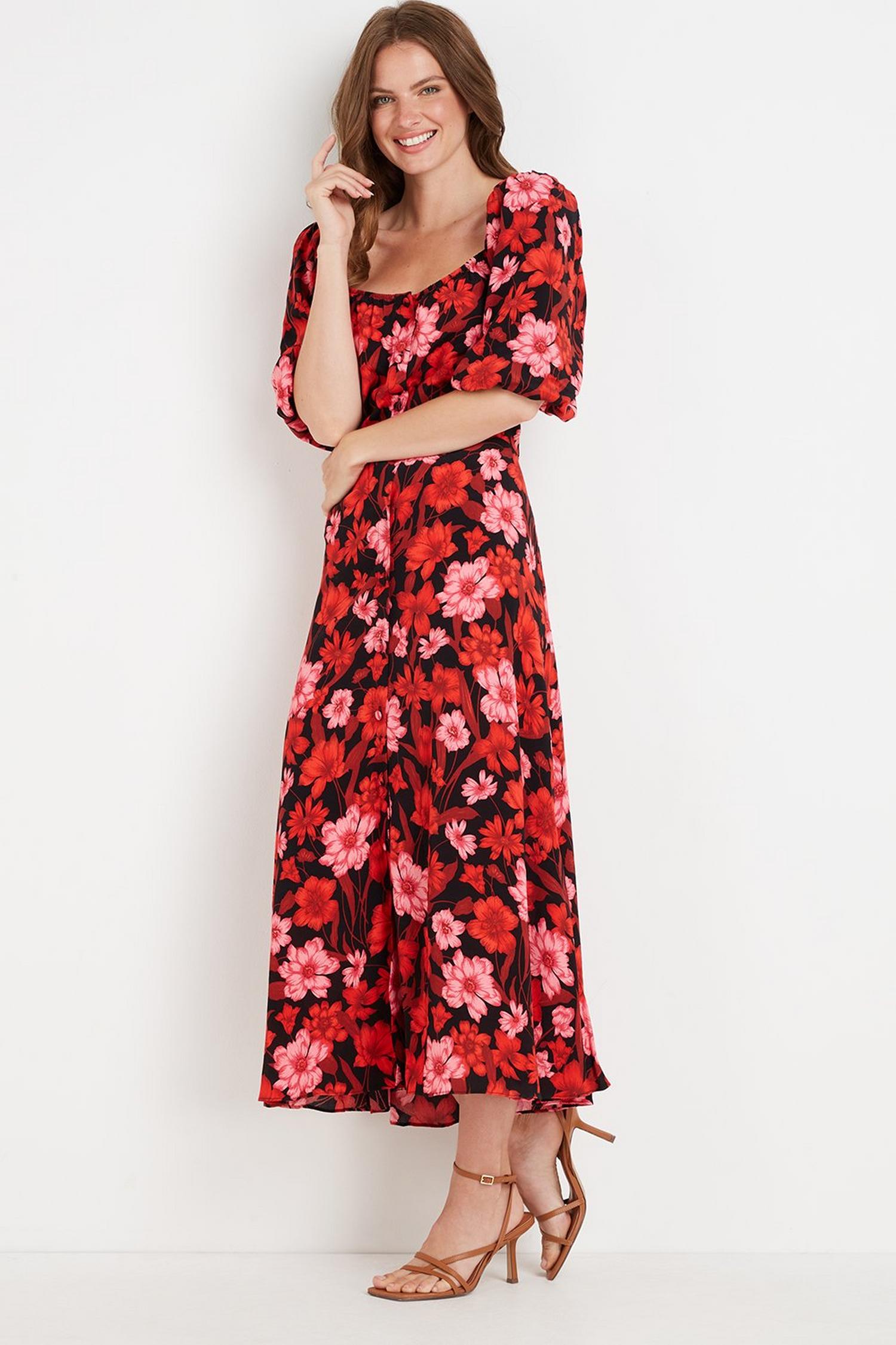 Tall Black And Red Floral Square Neck Dress 