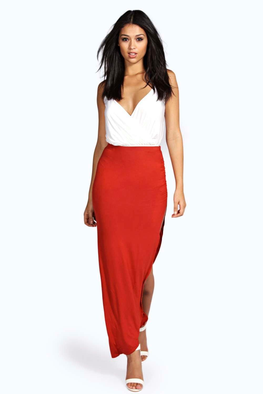 Boohoo Womens Micha Ruched Side Jersey Maxi Skirt