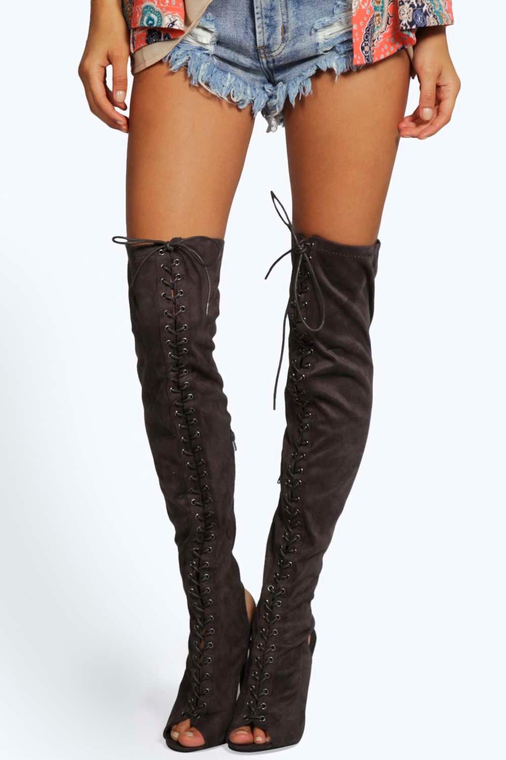 Boohoo Womens Leah Peeptoe Thigh High Lace Up Heels | eBay