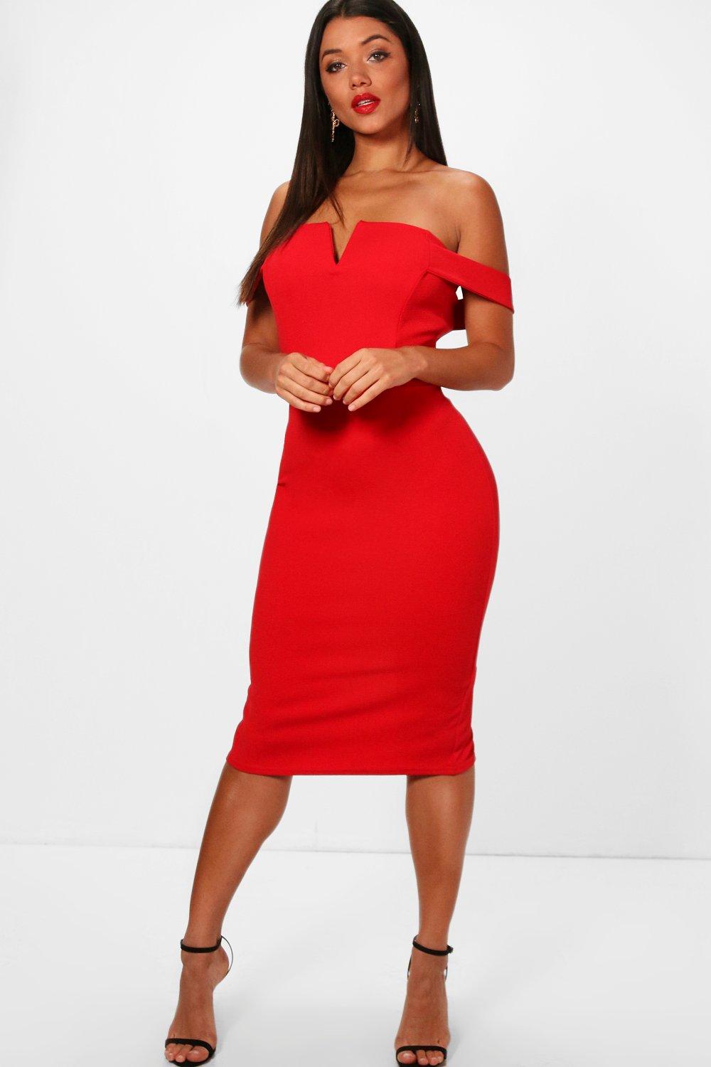 Boohoo Womens Cara Off The Shoulder Midi Bodycon Dress