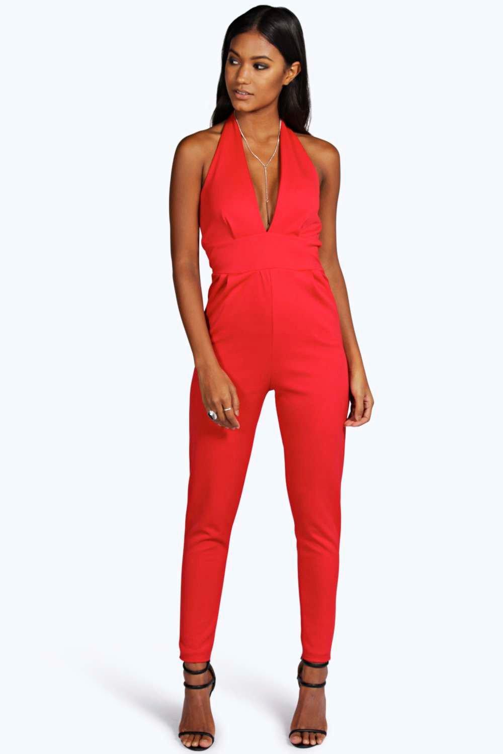 Boohoo Womens Steph Halterneck Plunge Neck Jumpsuit | eBay