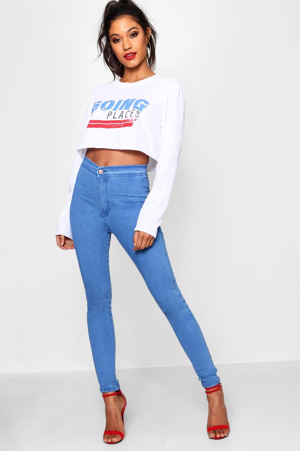 Lara True Blue High Rise Tube Jeans | Boohoo