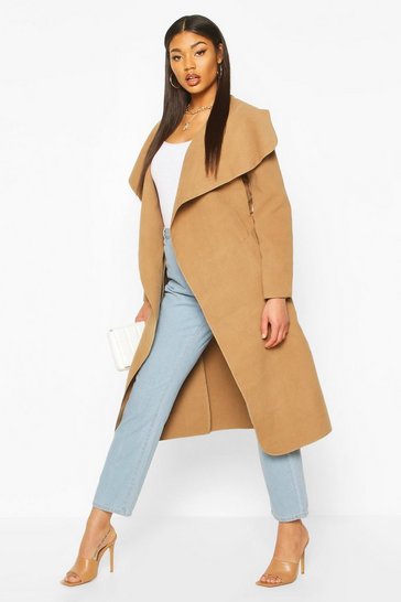 Camel Colour High Neck Long Leather Look PVC Coat 10-16 Back Split Zip