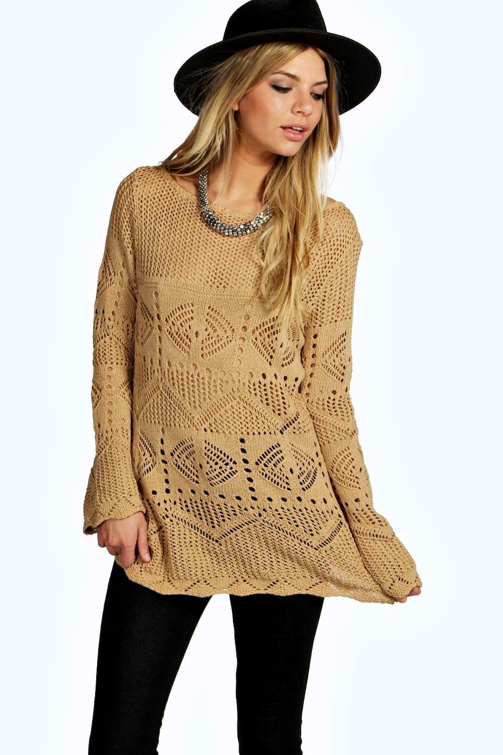 Boohoo Womens Tessa Crochet Knit Tunic Jumper in Camel size S/M | eBay