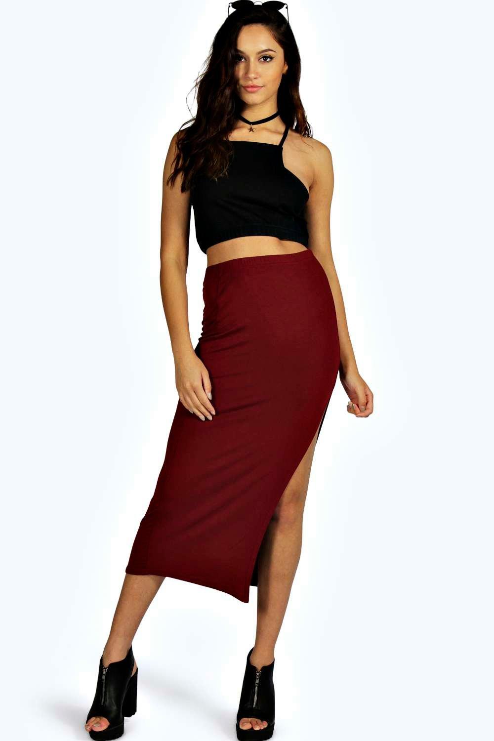 Boohoo Womens Chelsie Calf Length High Waist Side Split Tube Midi Skirt ...